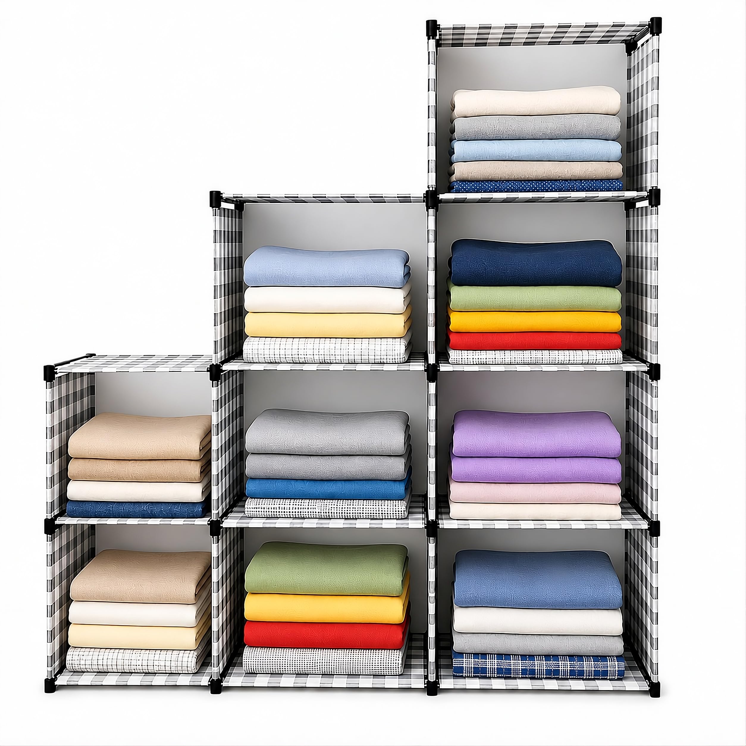 Lotspek 9 Layer Portable Cloth Storage Rack, Diy Modular Wardrobe Organizer With Checkered Fabric Shelves, Foldable Clothes Stor