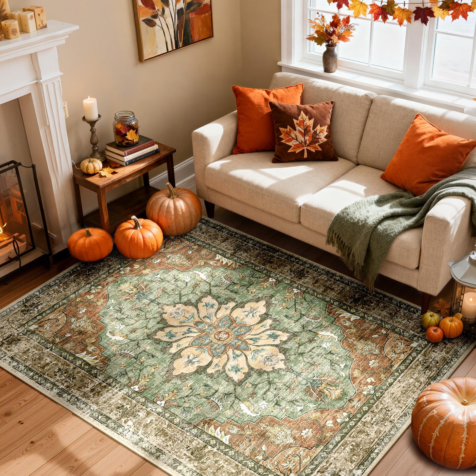 RELEANY Area Rugs 4x6 Washable Non-Slip, Floral Vintage Distress Print Pattern Medallion Carpet for Living Room Bedroom Dining