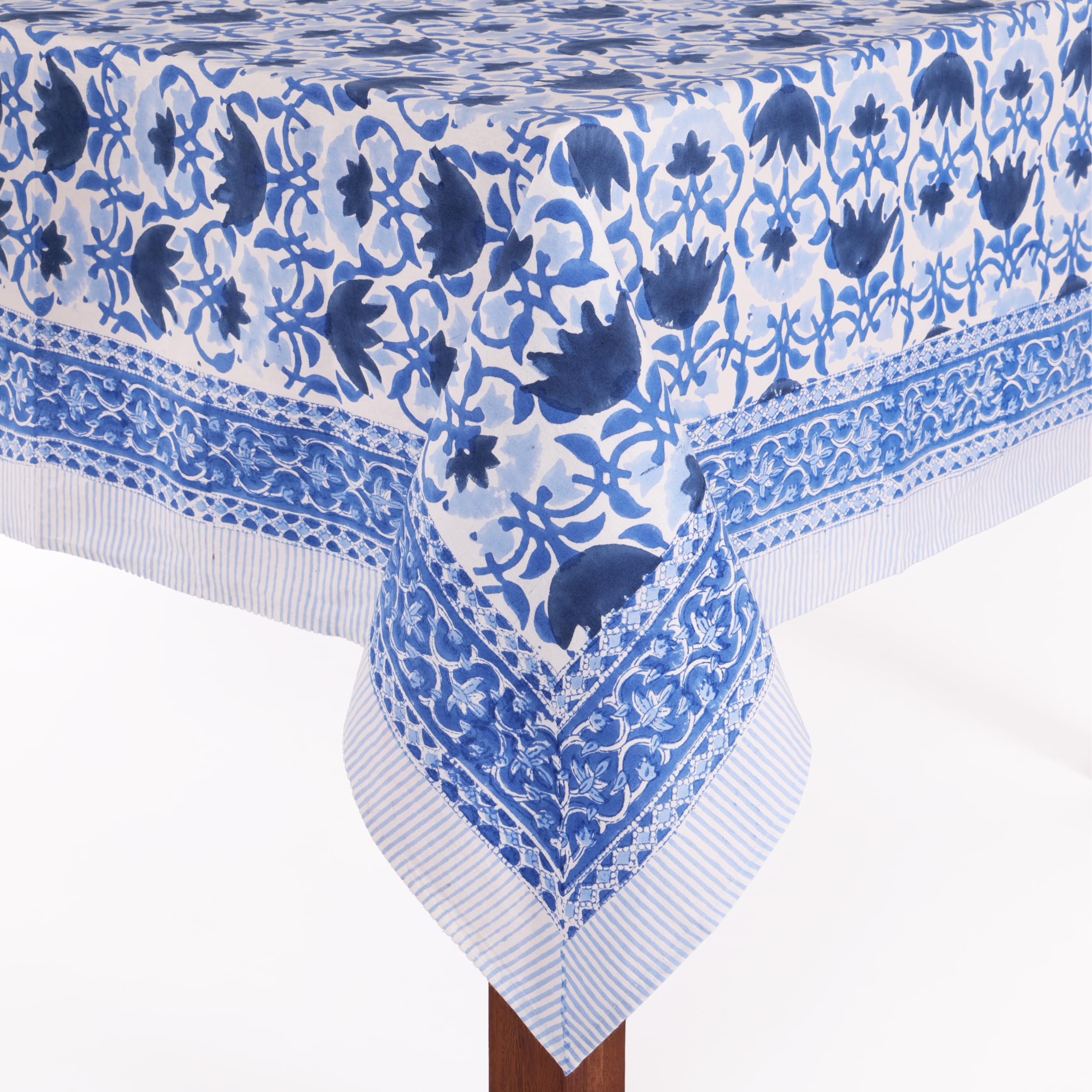 ATOSII Positano Blue 100% Cotton Rectangle Fall Tablecloth, Handblock Floral Linen Table Cloth for Kitchen Dining Table I Partie