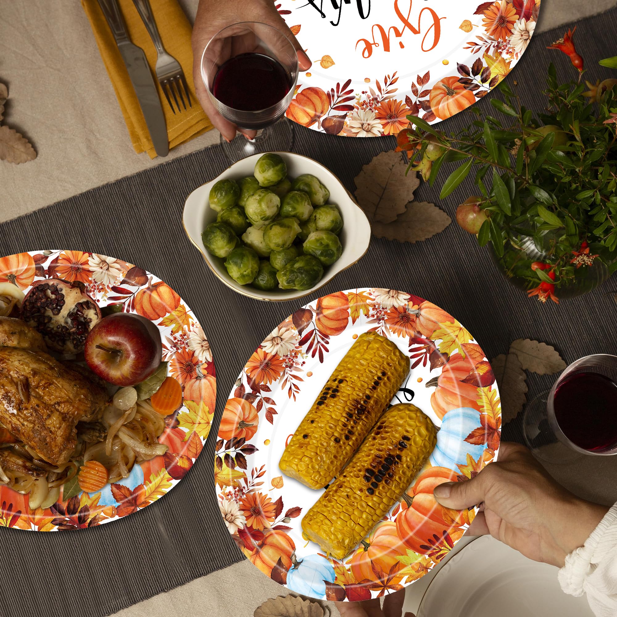 QZYL 50 Pcs Thanksgiving Paper Plates, 12.2 x 10.2 Inches Oval Paper Plates, Large Give Thanks Autumn Dinnerware, Pumpkin Dispos