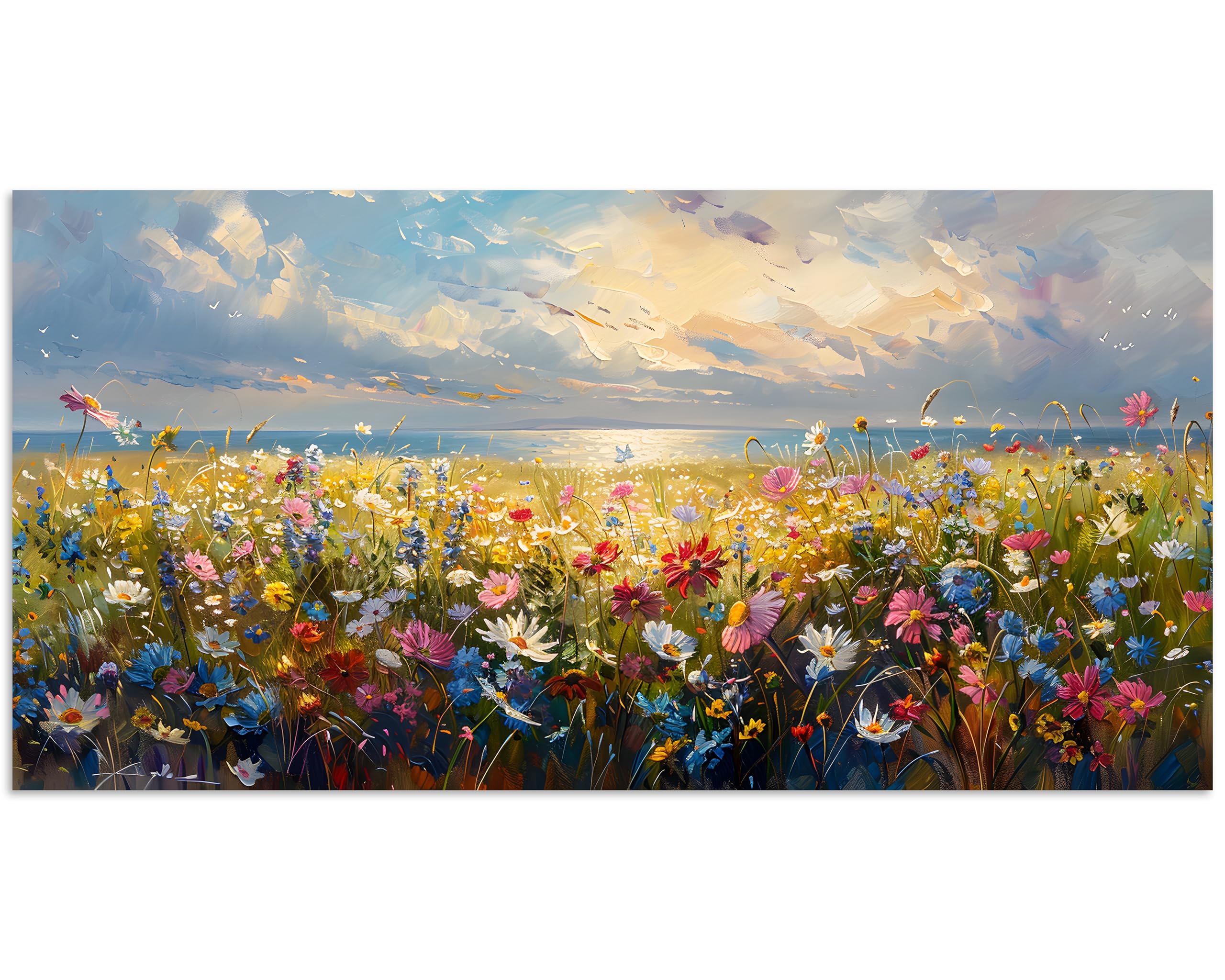 Tutubeer 1 Pcs Wildflower Field Artwork Rustic Wildflower Field At Beach Vintage Wall Art Canvas Prints Wild Flower Wall Art Rus