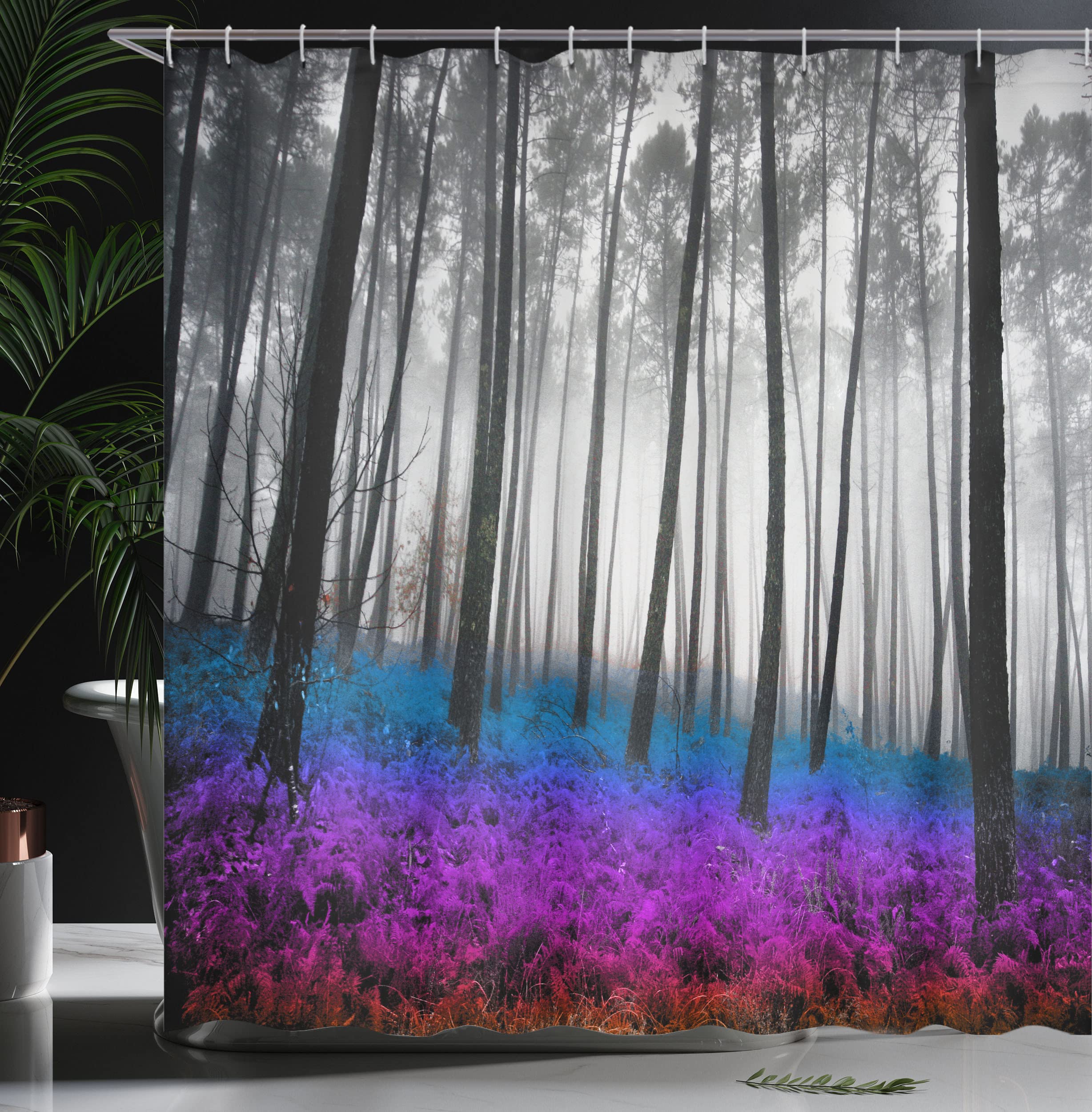 Ambesonne Forest Shower Curtain, Mystical Fantasy Woodland Under Heavy Fog Tall Trees Bushes Contrast Colors, Cloth Fabric Bathr