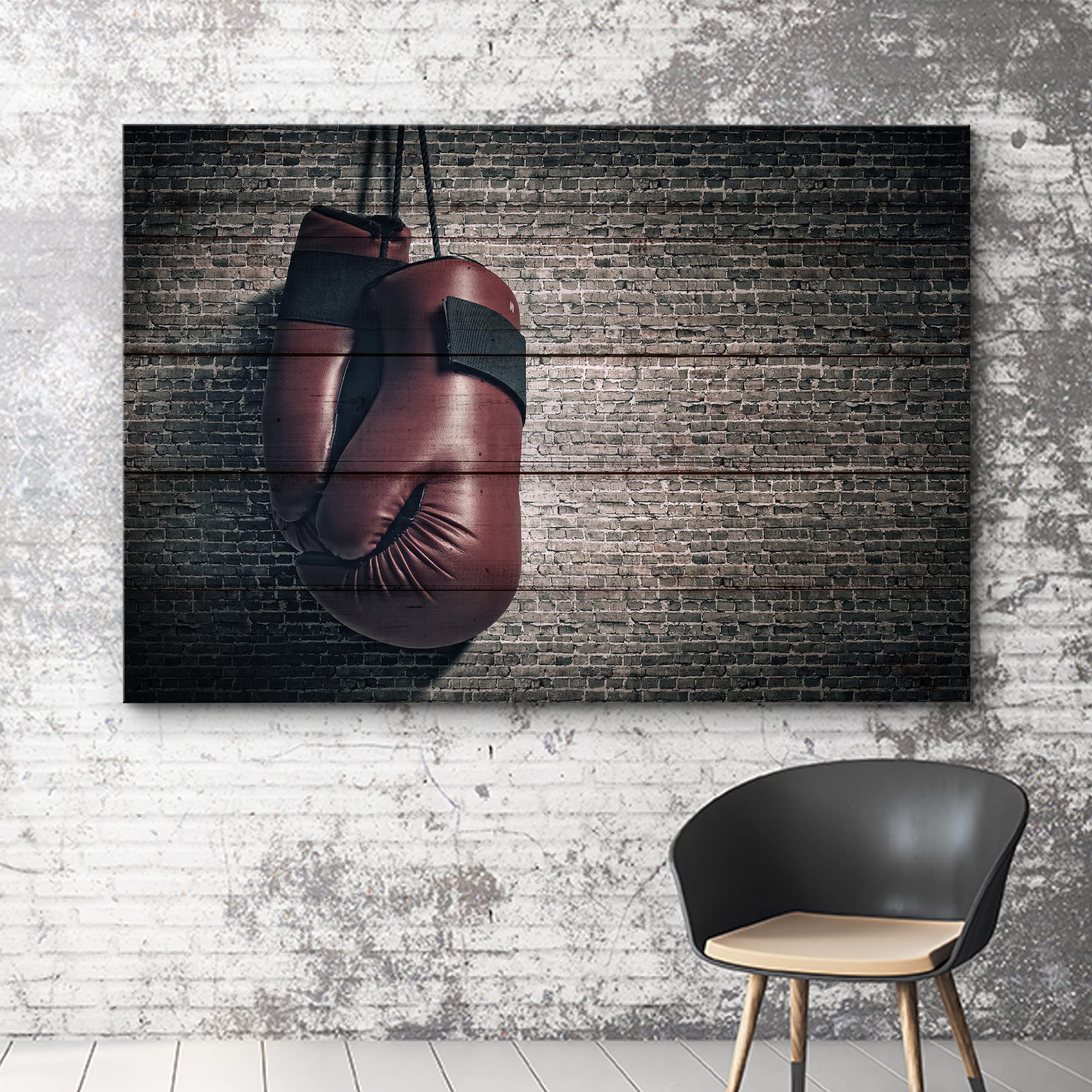 Wall26 Canvas Print Wall Art Wood Panel Effect Brick Wall Retro Vintage Red Boxing Gloves Sports Fitness Photography Realism Dec