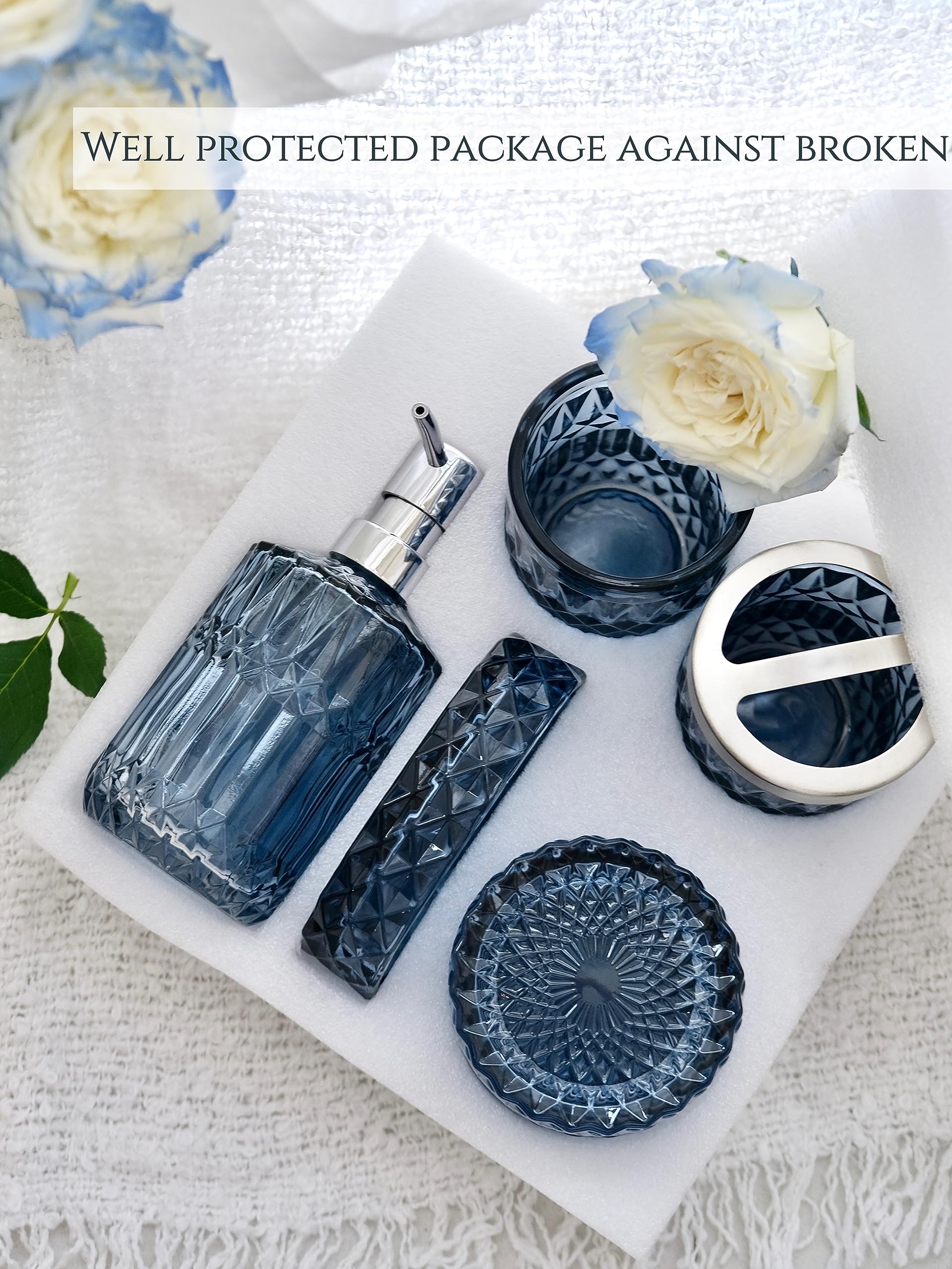LaMarriti 5Pcs Blue Glass Bathroom Accessory Complete Set  Lotion Dispenser  Soap Dish  Tumbler  Cotton Swab Jars  Toothbrush Holder Set  Modern Bathroom Decor and Gift Set  Blue