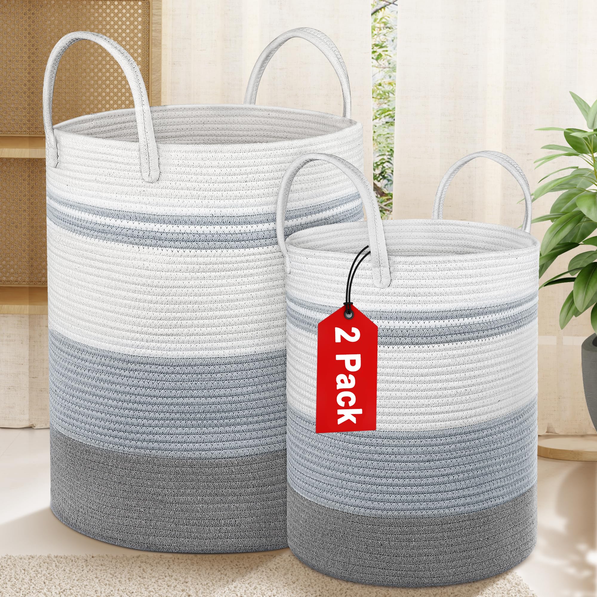 2 Pack Large Tall Rope Laundry Baskets, Cotton Laundry Hamper, Dirty Clothes Hampers Woven Basket, Blanket Basket Storage For Li