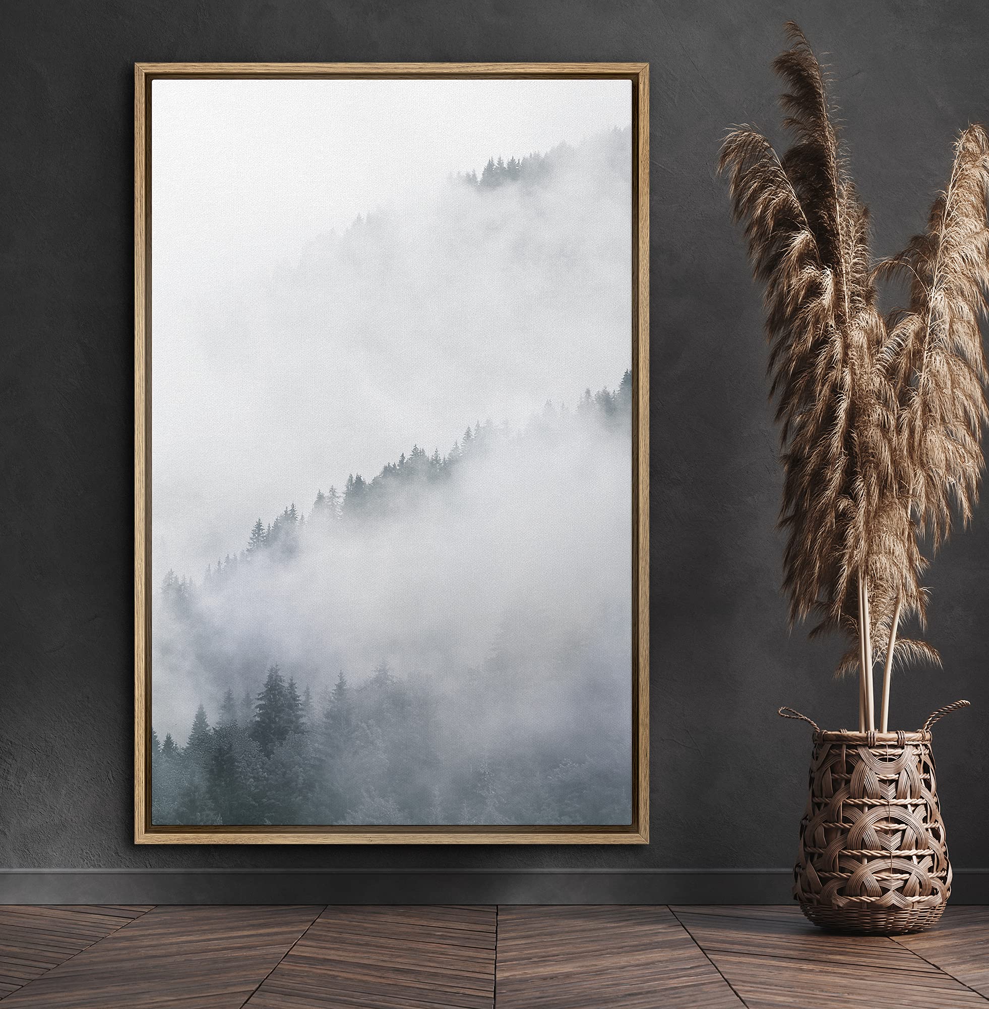 Signford Framed Canvas Print Wall Art Forest Shrouded By Mist Nature Wilderness Photography Realism Contemporary Scenic Dark Bla