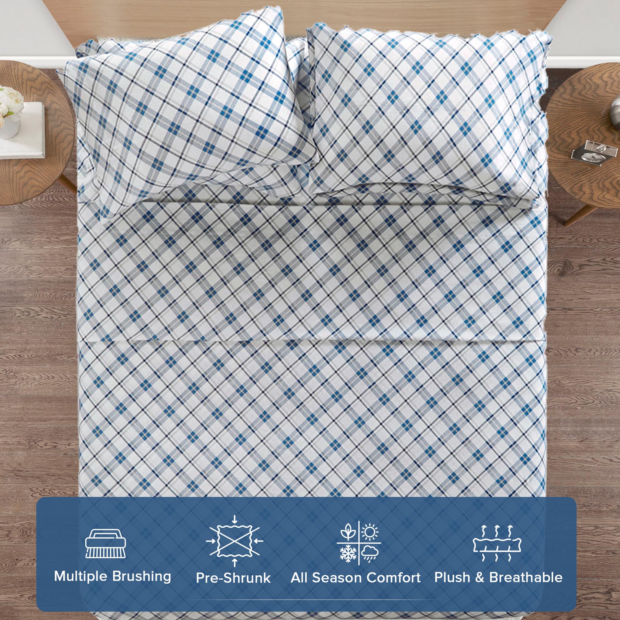 Comfort Spaces Cotton Flannel Breathable Warm Deep Pocket Sheets With Pillow Case Bedding, Twin, Plaid Blue, 3 Piece