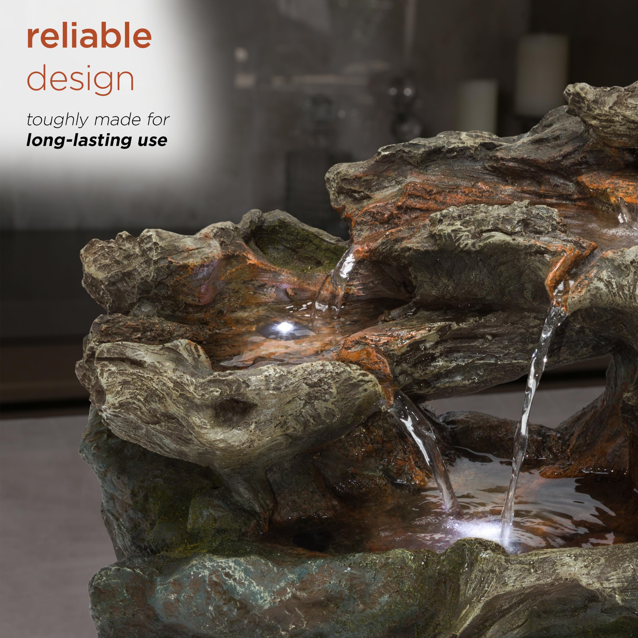 Alpine Corporation WIN1334 10 Tall Tabletop 3-Tier Waterfall Rock Fountain with LED Lights, Indoor Decorative Water Feature for