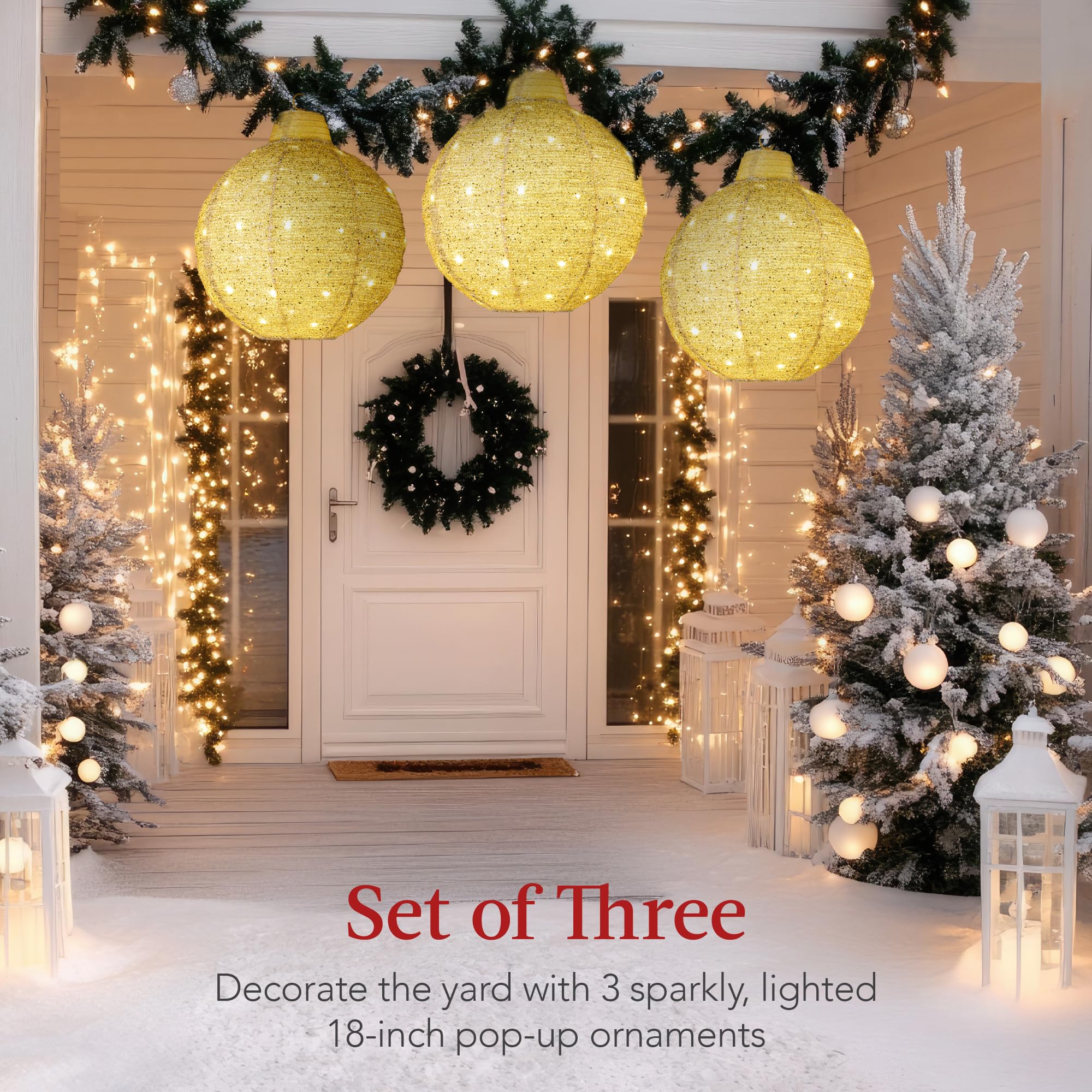 Best Choice Products 3pc Lighted Pop-Up Outdoor Hanging Christmas Ornament Set, Holiday Ball Decor, Battery LEDs, 8 Twinkling Li