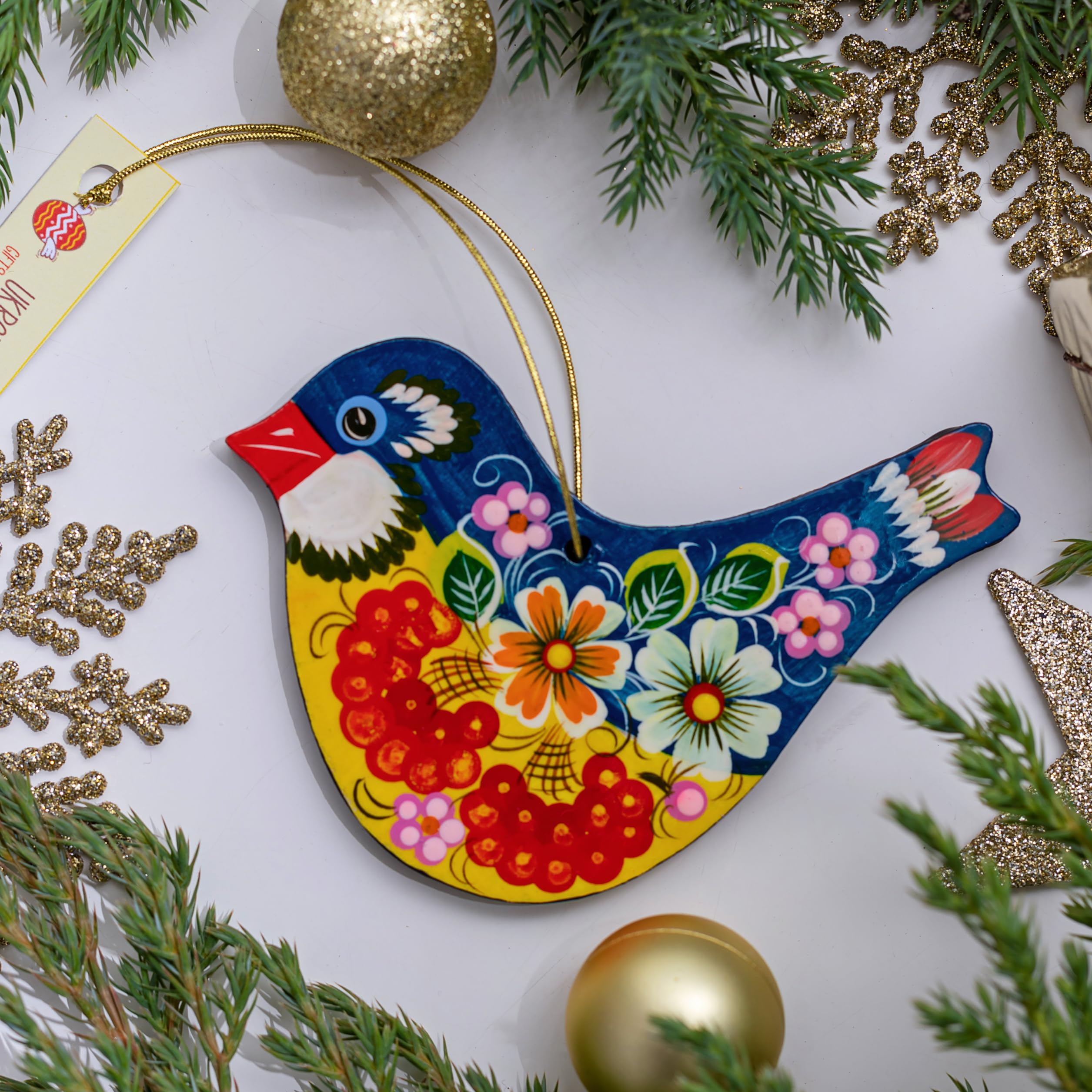 Bird Ornament 4,3 x 3,3 x 0,2 inch. Wooden Beautiful with Flowers Hand-Painted on Both Sides Christmas Tree and Easter Birds Dec