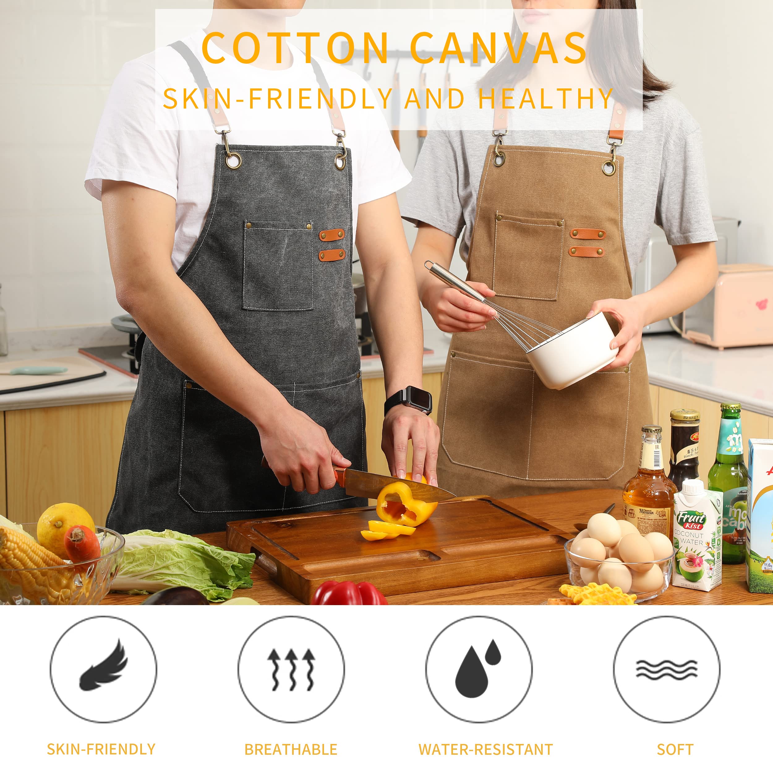 Tosewever Canvas Cross Back Chef Cotton Aprons For Men Women With Large Pockets (Grey)