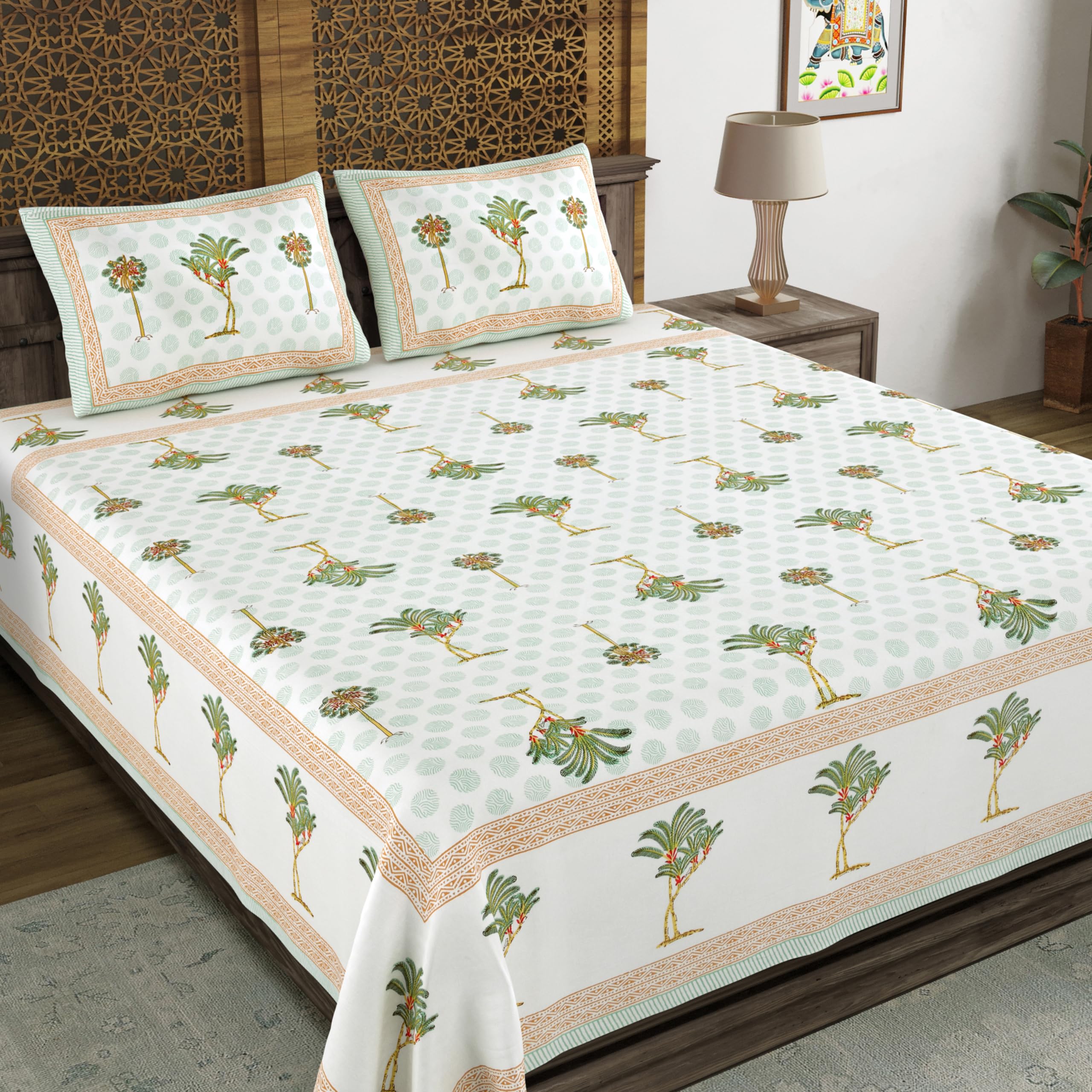 Blocks Of India Hand Block Printed 200 Tc Cotton Super King Size Bedsheet(106 X 106) (Green Tree)