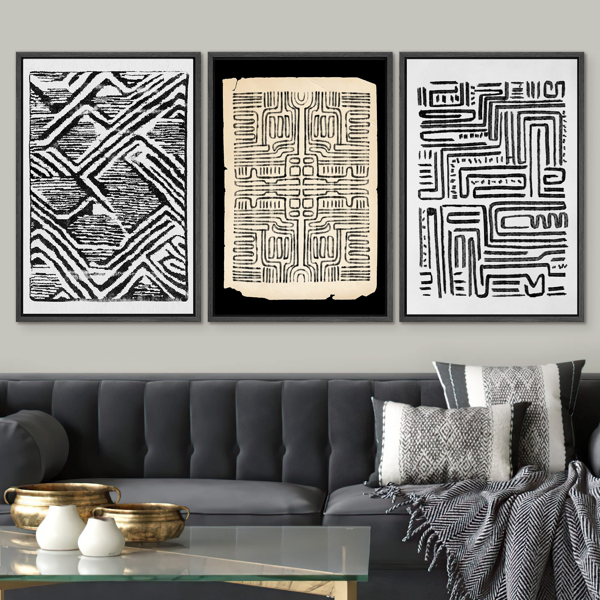 Signwin Framed Canvas Print Wall Art Set Black & White Diamond Pattern Line Art Abstract Shapes Illustrations Modern Art Geometr