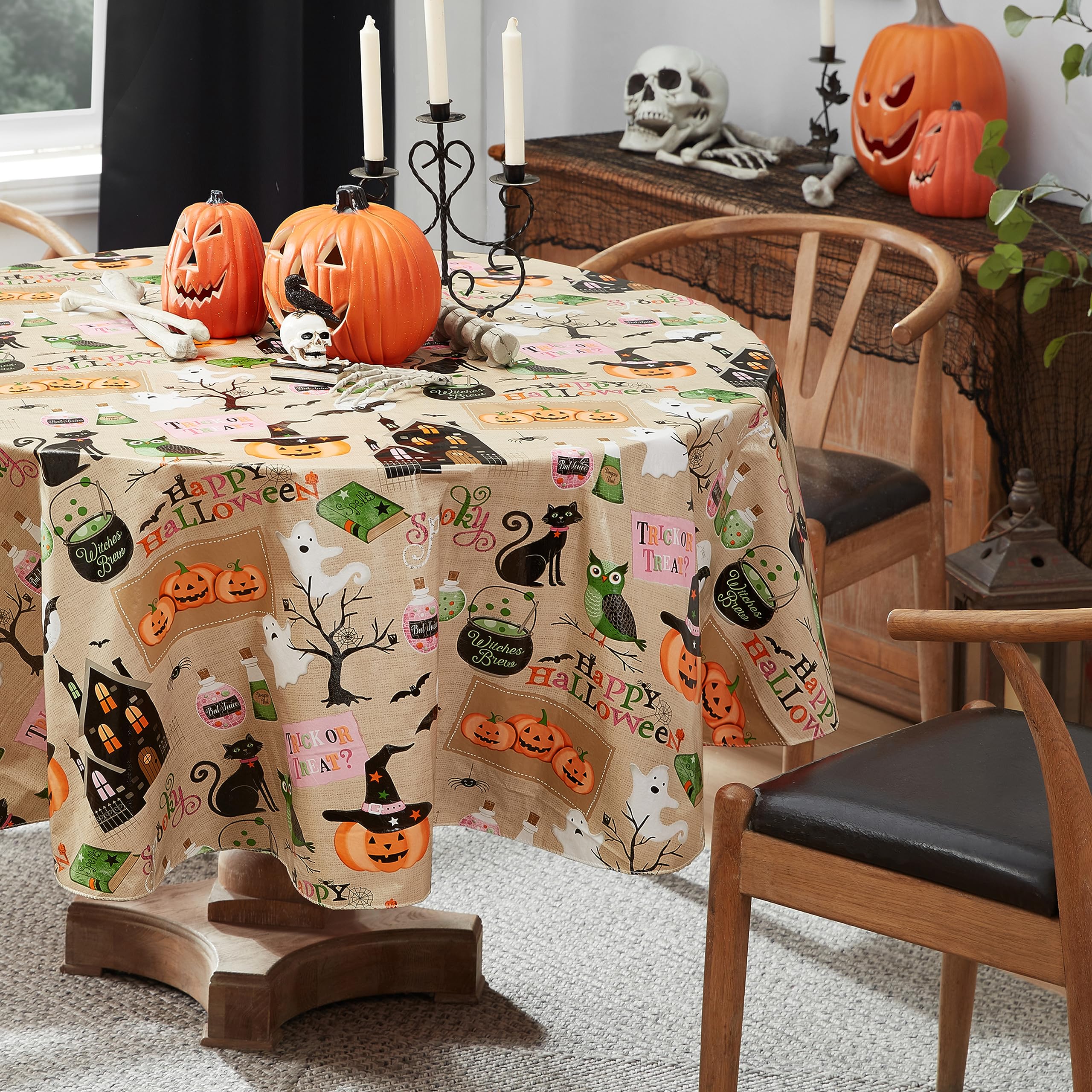 Newbridge Happy Halloween Witches Brew 60 x 84 Inch Oval Vinyl Tablecloth with Flannel Backing