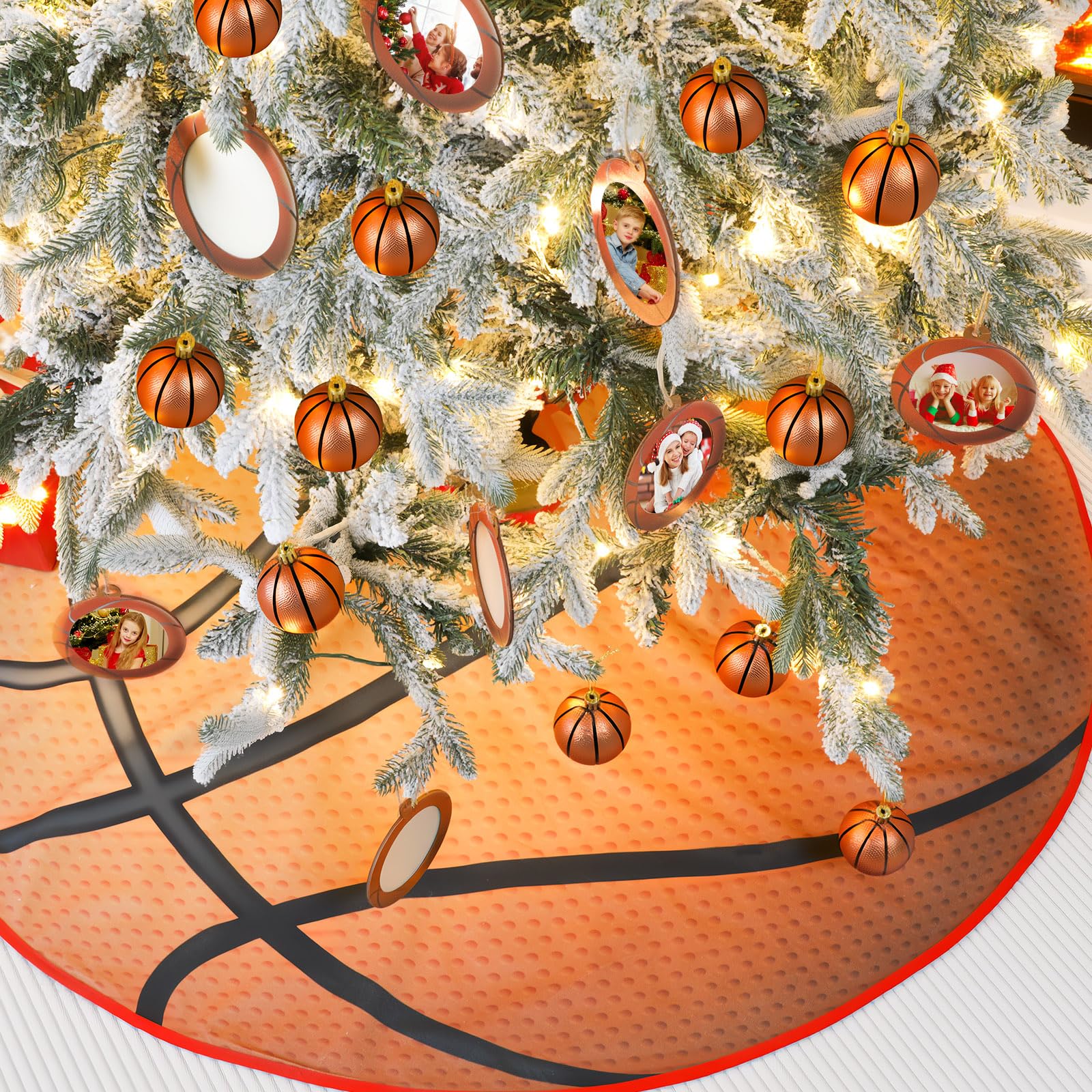 Syhood 26 Pcs Basketball Christmas Decor Set Include 12 Sports Ball Ornaments 36'' Print Christmas Tree Skirt 12 Wooden Mini Spo