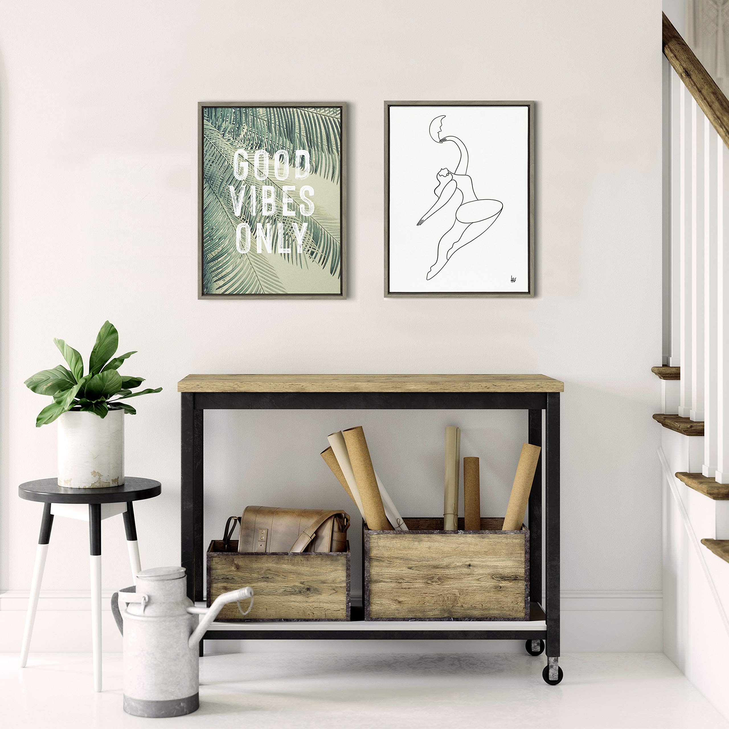 Kate And Laurel Sylvie Vintage Tropical Palms Good Vibes Only Framed Canvas Wall Art By The Creative Bunch Studio, 18X24 Gray, B