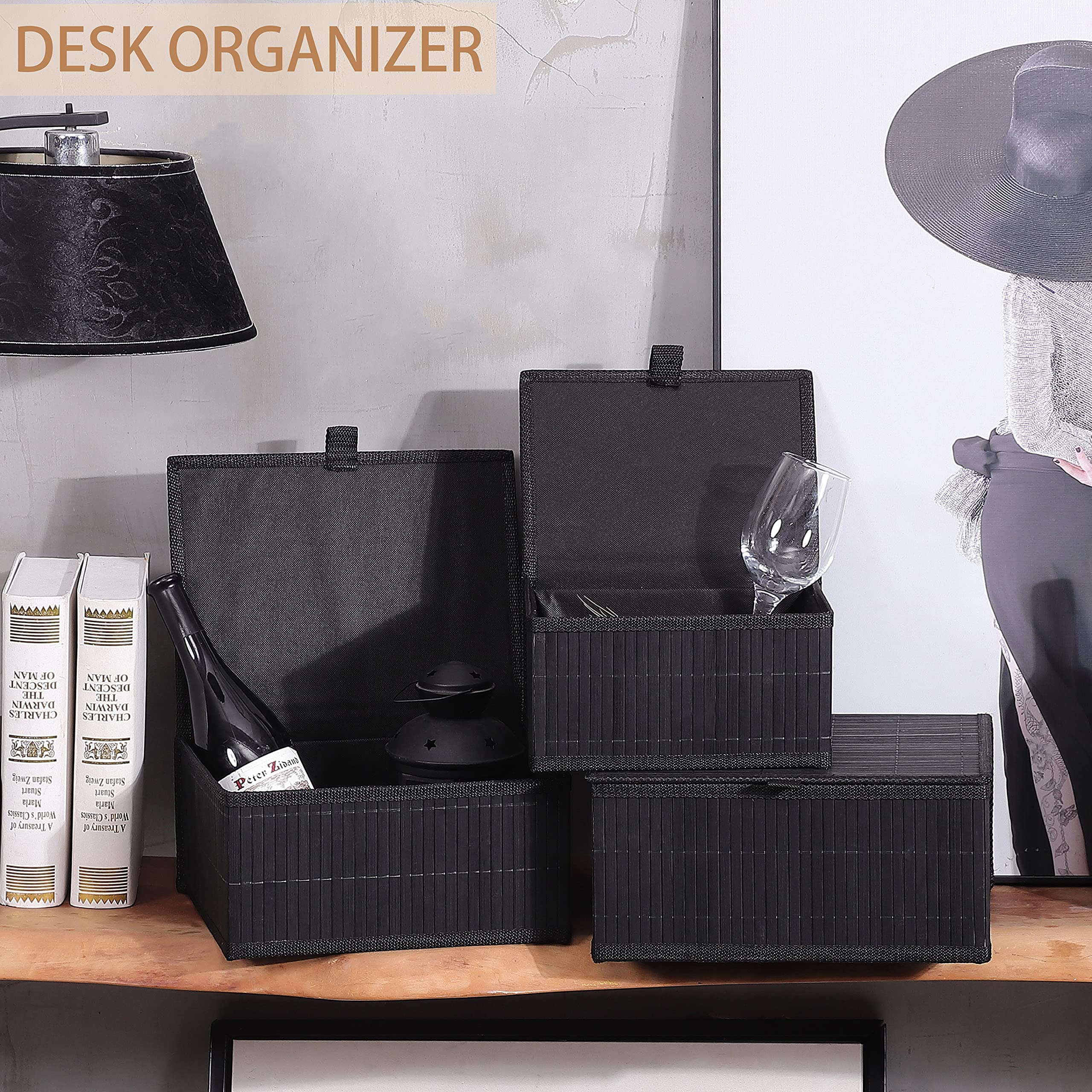 Honygebia Bamboo Decorative Storage Boxes - Set Of 3 Woven Lined Storage Basket With Lids, Black Wicker Lidded Baskets For Home