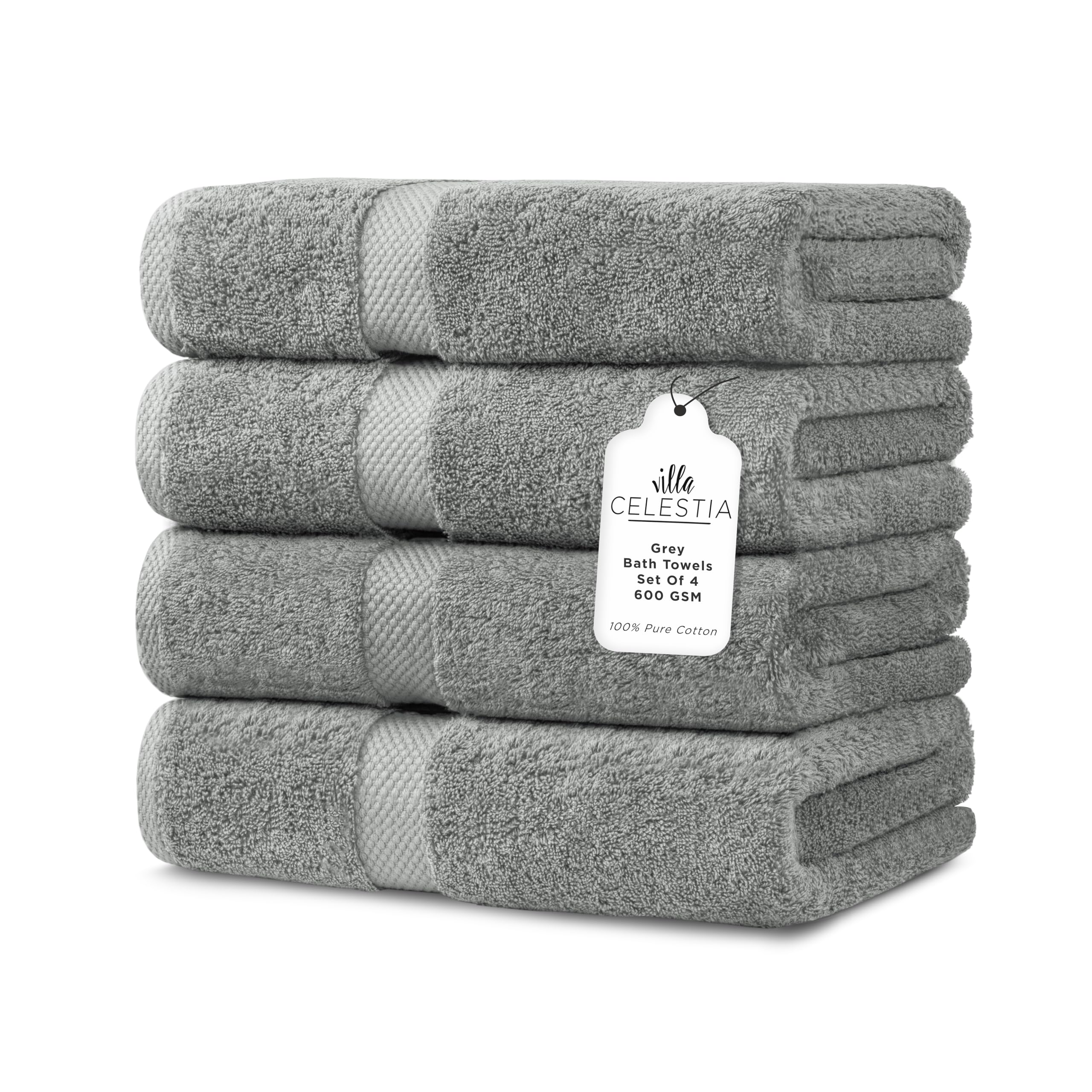 Villa Celestia 600 Gsm 100% Cotton Bath Towels, Grey, Set Of 4, Highly Absorbent, Plush, Soft, Quick Dry, 4 Pieces Combed Cotton