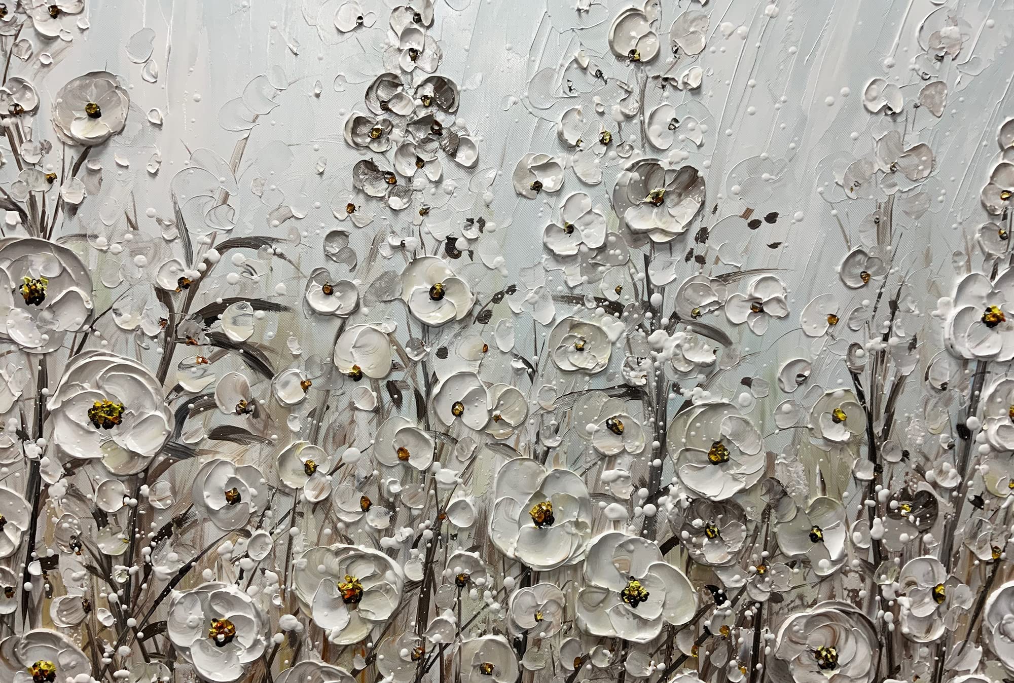 Yotree 24X48 Inch Wall Art Hand-Painted Framed White Flowers Oil Painting On Canvas Gallery Wrapped Modern Floral Artwork For Li