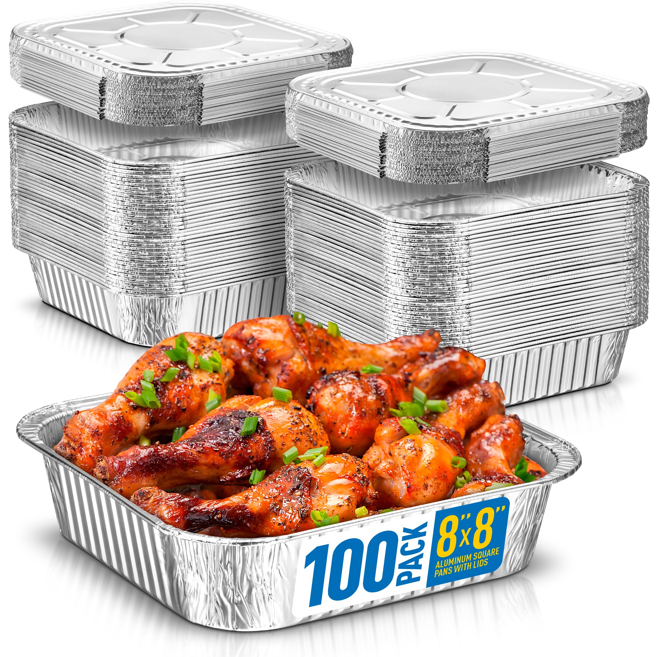 8X8 Disposable Aluminum Pans With Lids - 100 Pack Foil Pans For Cooking, Baking Cakes, Roasting & Homemade Breads - Disposable F