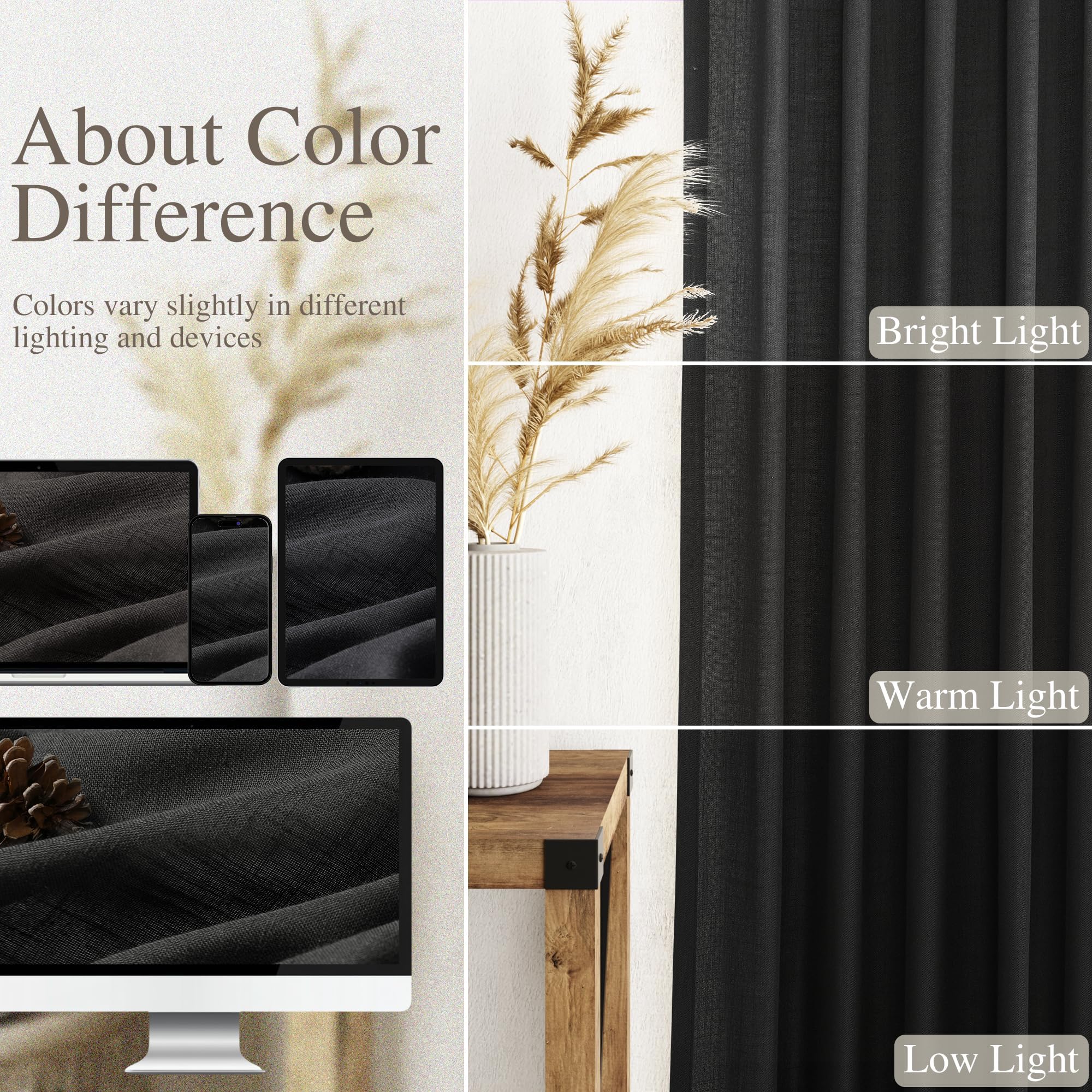 Nanspring Black Short Kitchen Linen Curtains 30 Inch Length Kitchen, Semi Sheer Linen Blend Cafe Curtains Back Tab and Rod Pocke