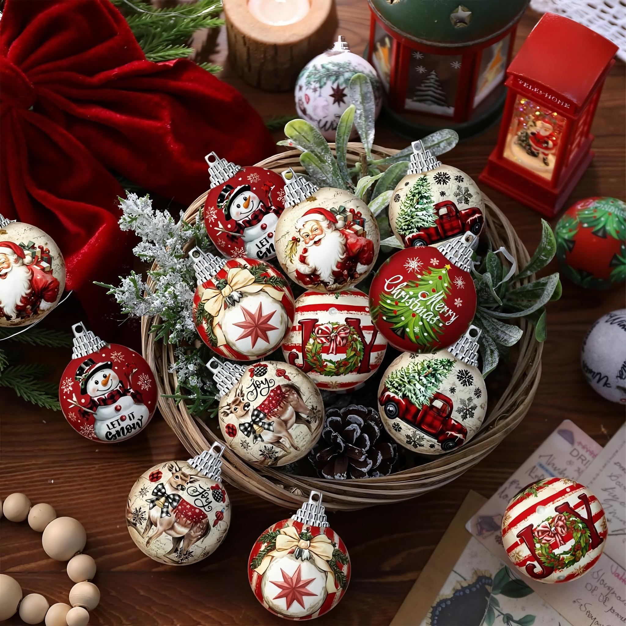 Outus 16 Pcs Christmas Ball Ornaments for Tree Merry Christmas Snow Joy Hanging Ornaments Xmas Santa Claus Snowman Balls for Tre