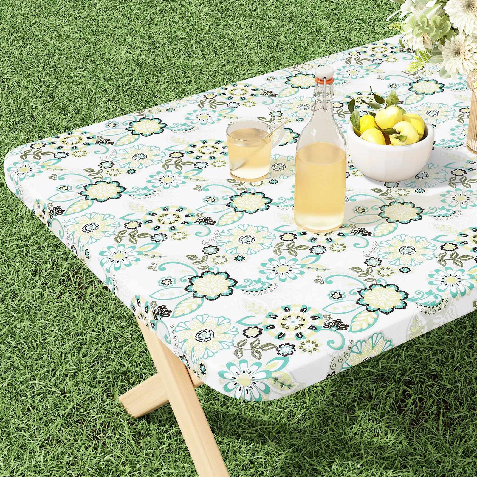 misaya Rectangle Vinyl Tablecloth, Fitted Table Cover, 100% Waterproof, Elastic Edge, Flannel Backing, Table Cloth Fit 8 Foot Fo