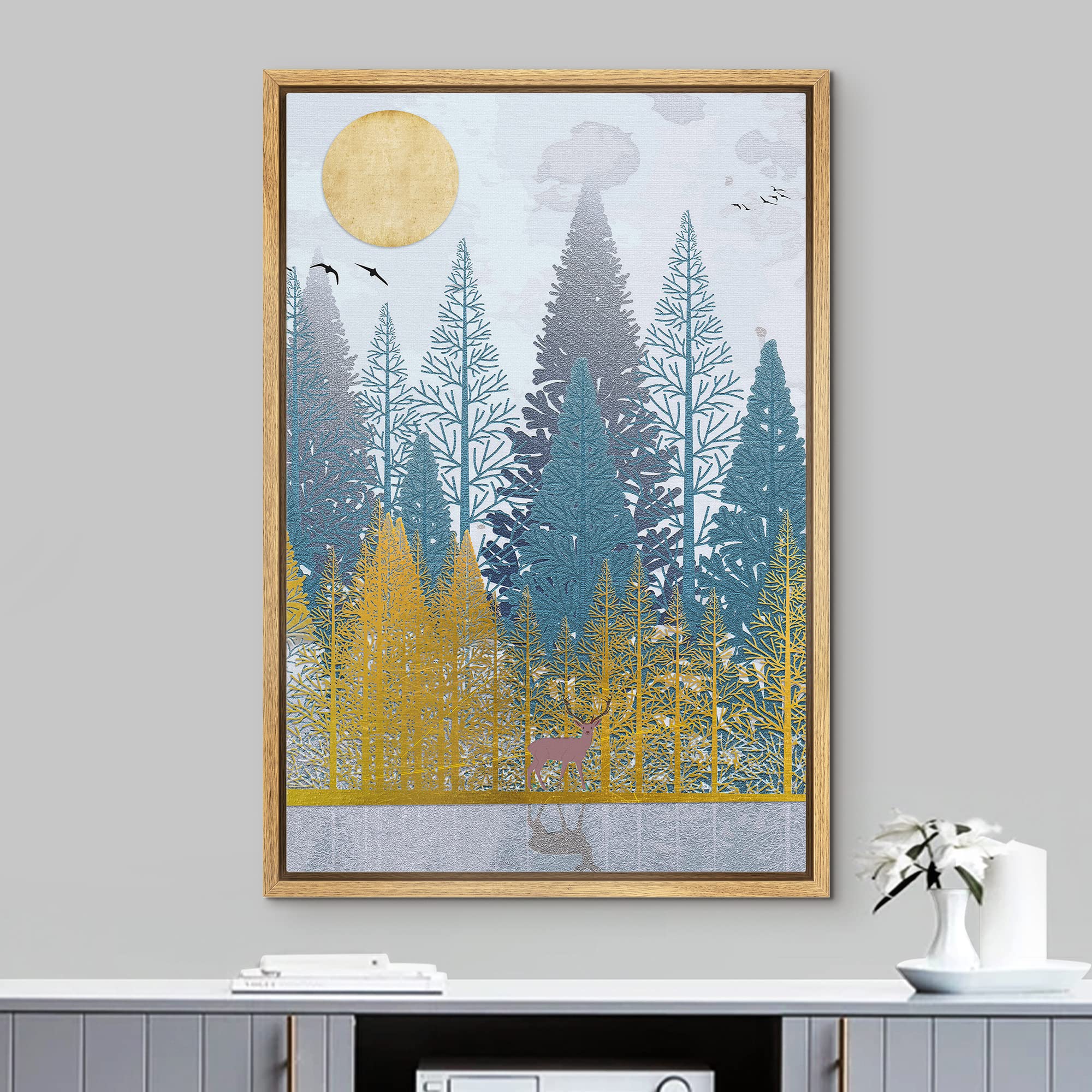 IDEA4WALL Framed Canvas Print Wall Art Blue & Gold Forest with Purple Elk Abstract Wilderness Illustrations Modern Art Rustic Multicolor Cool for Living Room  Bedroom  Office - 24''x36'' Natural