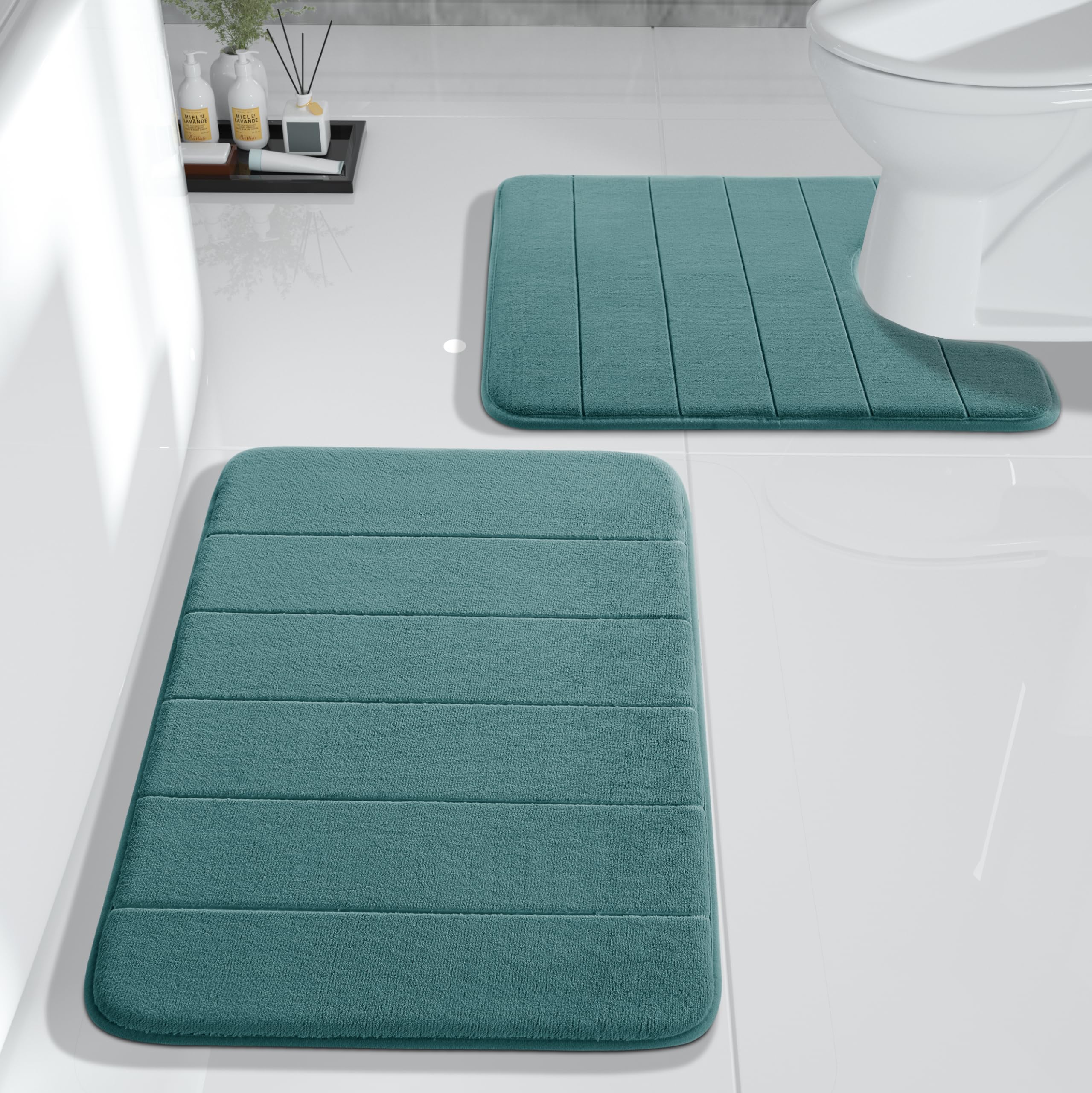 Yimobra Memory Foam Bath Mat Set, 2 Piece Soft Bathroom Rug,17X24 And 24X20.4 U-Shaped Bathroom Mat, Toilet Mats, Water Absorpti