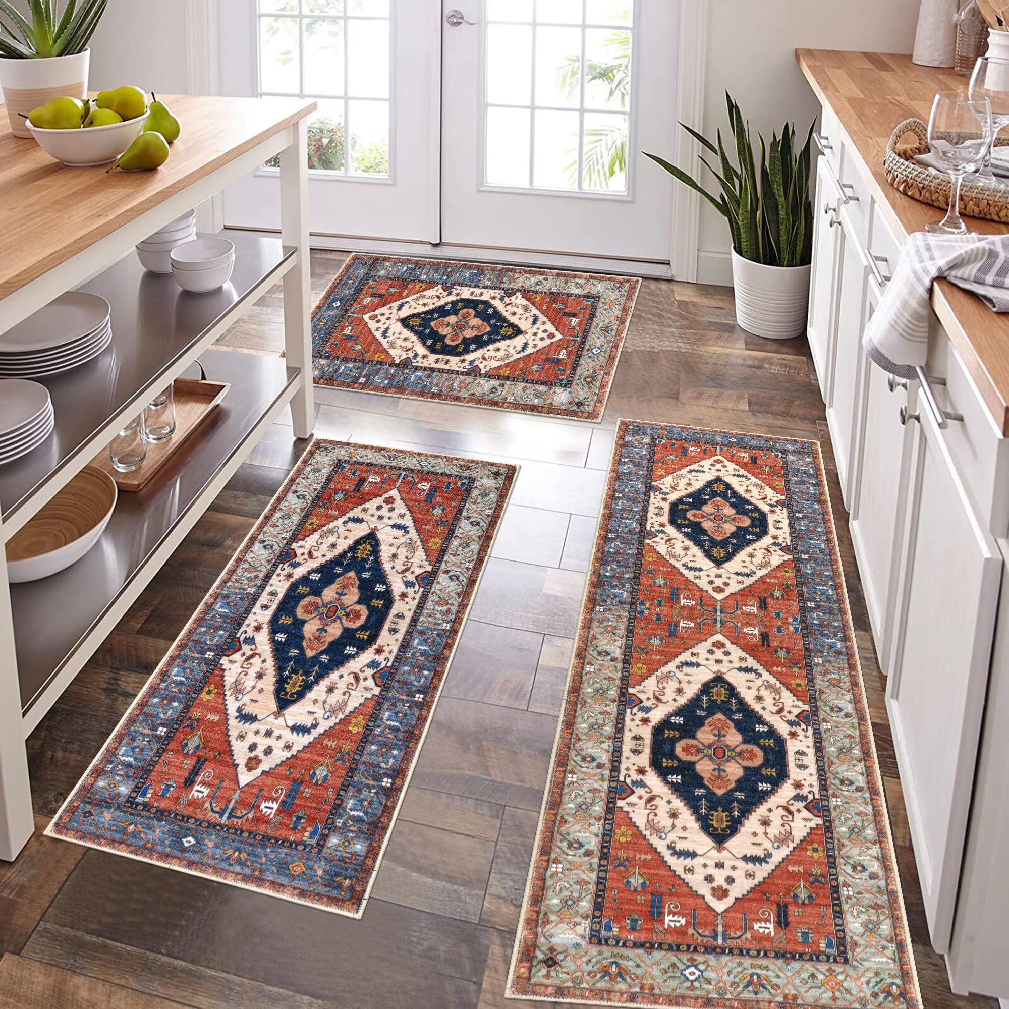 Pauwer Farmhouse Kitchen Rugs Sets Of 3, Kitchen Runner Rugs Non Slip Washable, Boho Kitchen Mats For Floor, Indoor Door Mat Ent