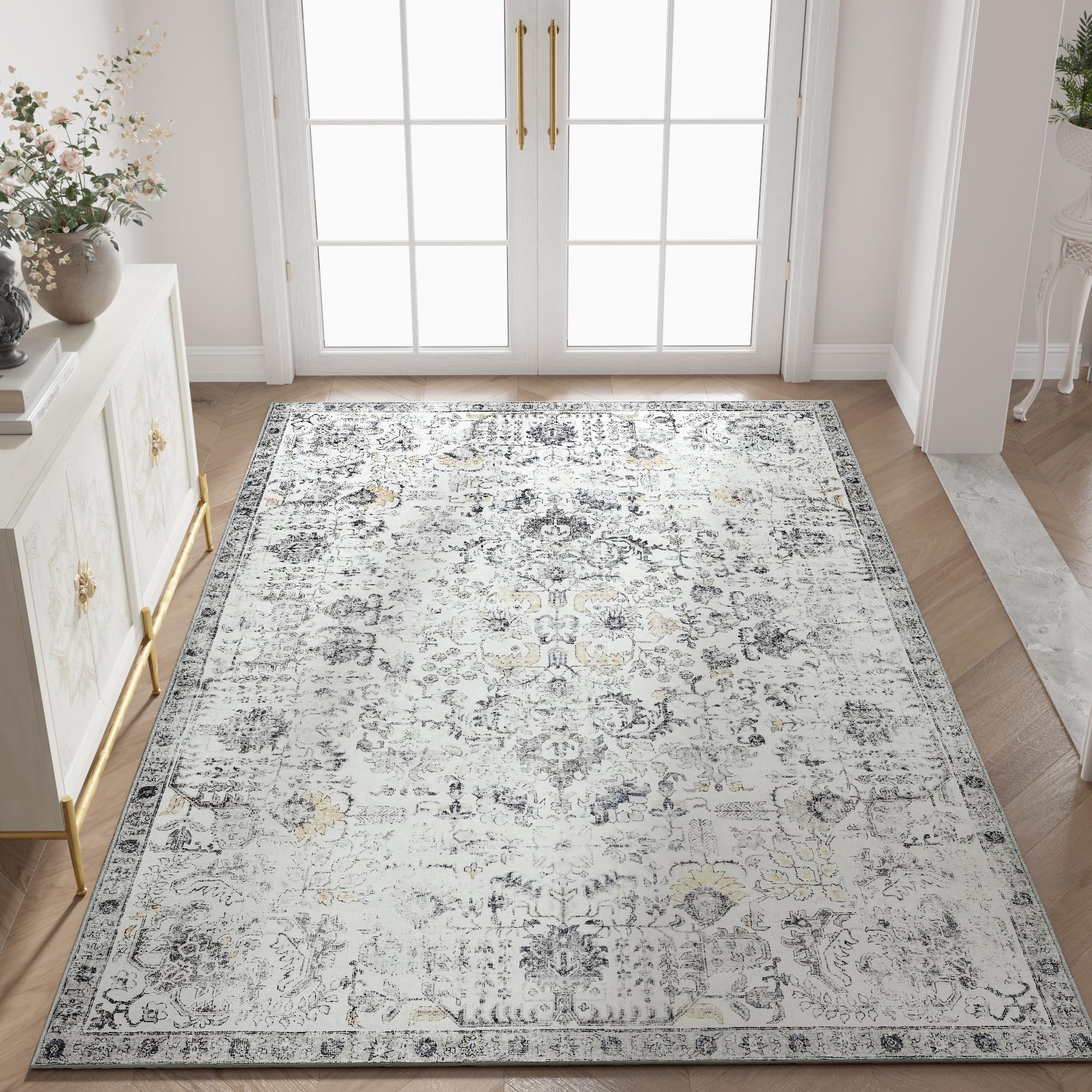jinchan Area Rug 4x6 Washable Bedroom Rug Soft Vintage Indoor Thin Retro Distressed Floor Cover Grey Floral Country Boho Non Sli