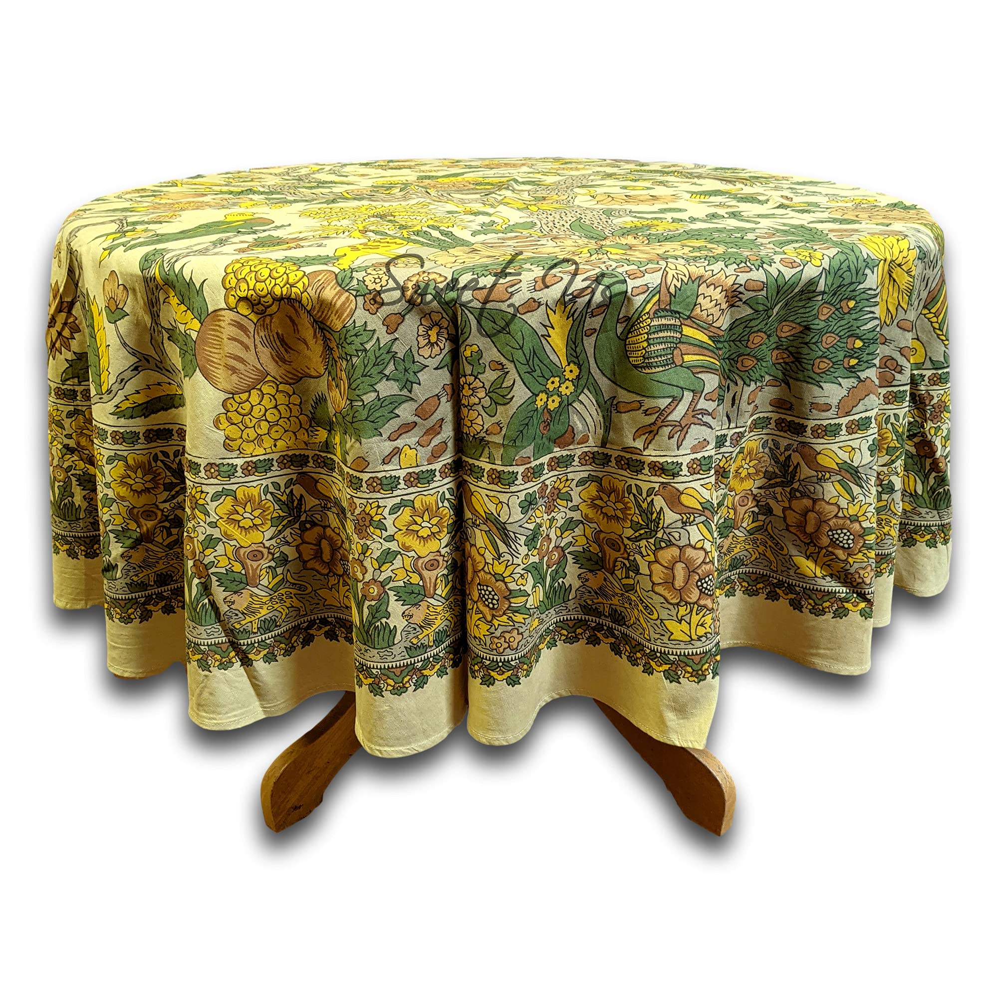 Sweet Us Tree Of Life Tablecloth For Round Tables, Cotton Floral Kitchen Dining Table Cloth, Linen Beige Yellow, Table Cover For