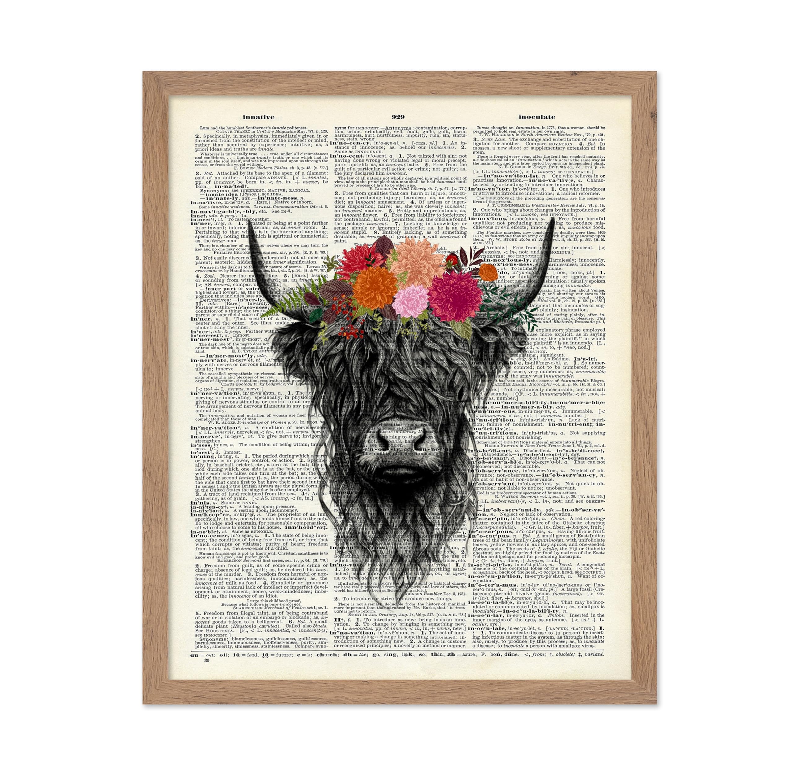 Poster Master Dictionary Art Poster - Highland Cow Print - Cow Art - Flower Art - Gift for Men, Women & Animal Lover - Floral De