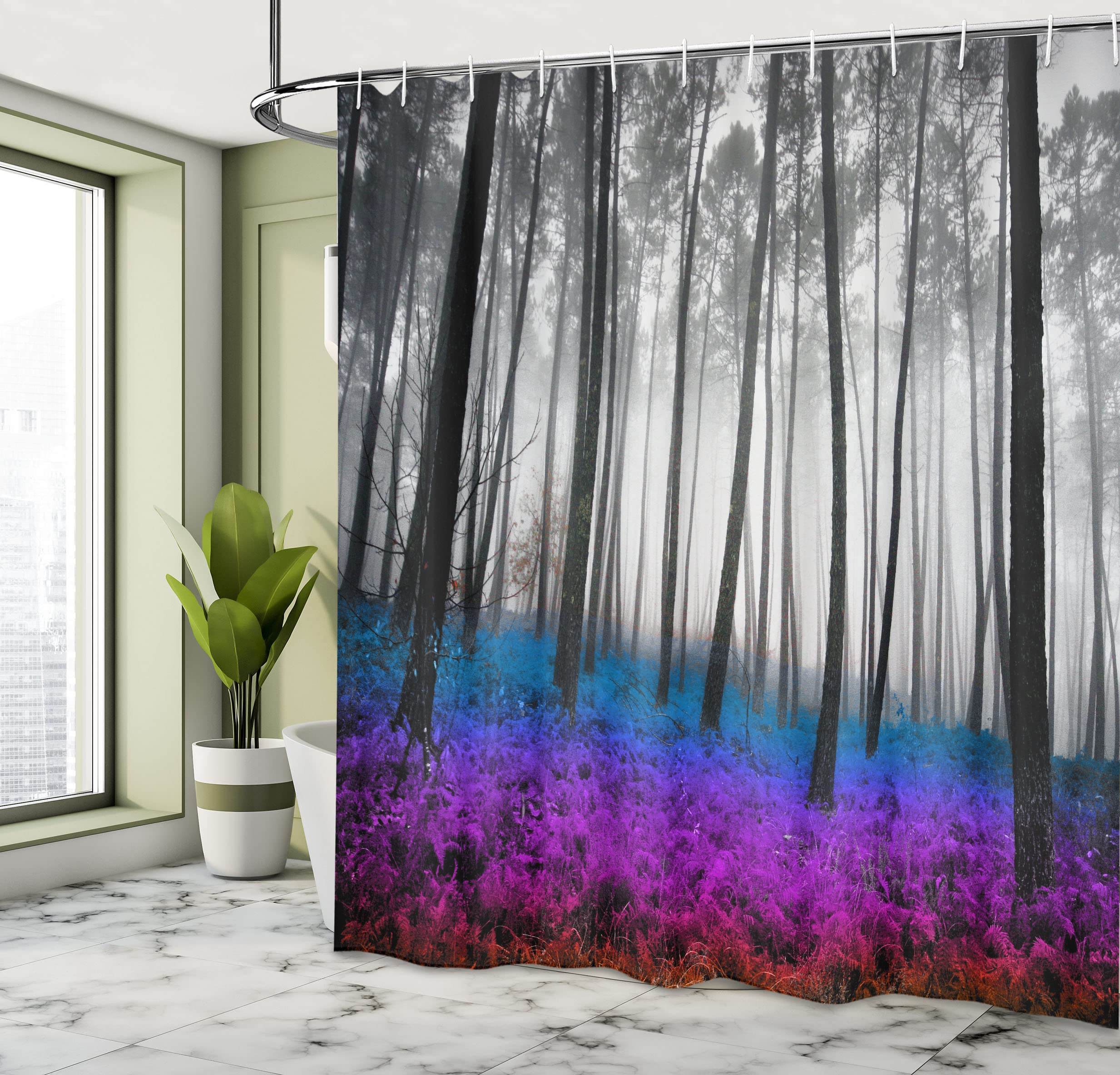 Ambesonne Forest Shower Curtain, Mystical Fantasy Woodland Under Heavy Fog Tall Trees Bushes Contrast Colors, Cloth Fabric Bathr