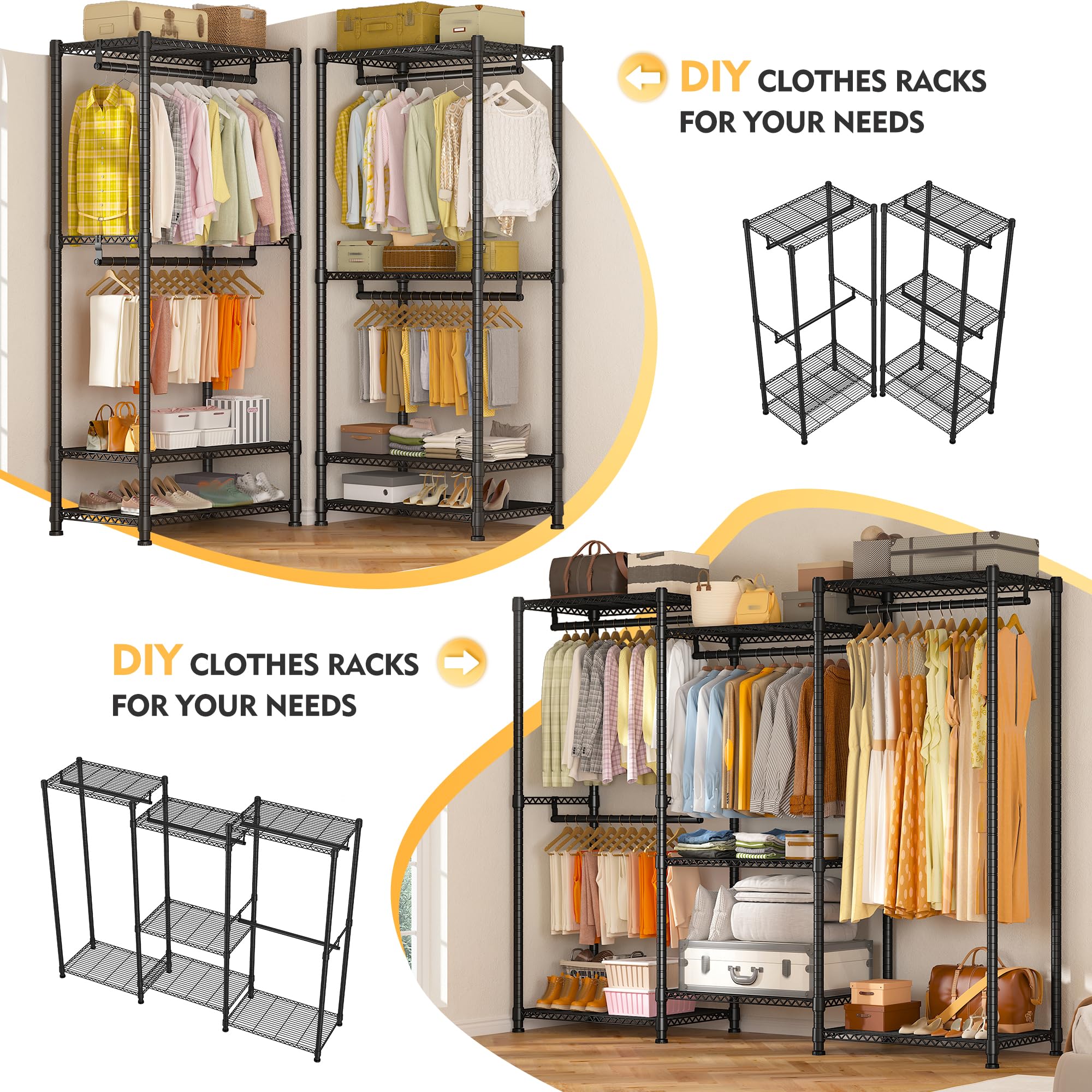 Raybee Clothes Rack Heavy Duty Clothing Rack Load 830Lbs Clothing Racks for Hanging Clothes Metal Garment Rack Portable Clothes Rack Heavy Duty Freestanding Closet Wardrobe 77'' H x69 W x16 D Black