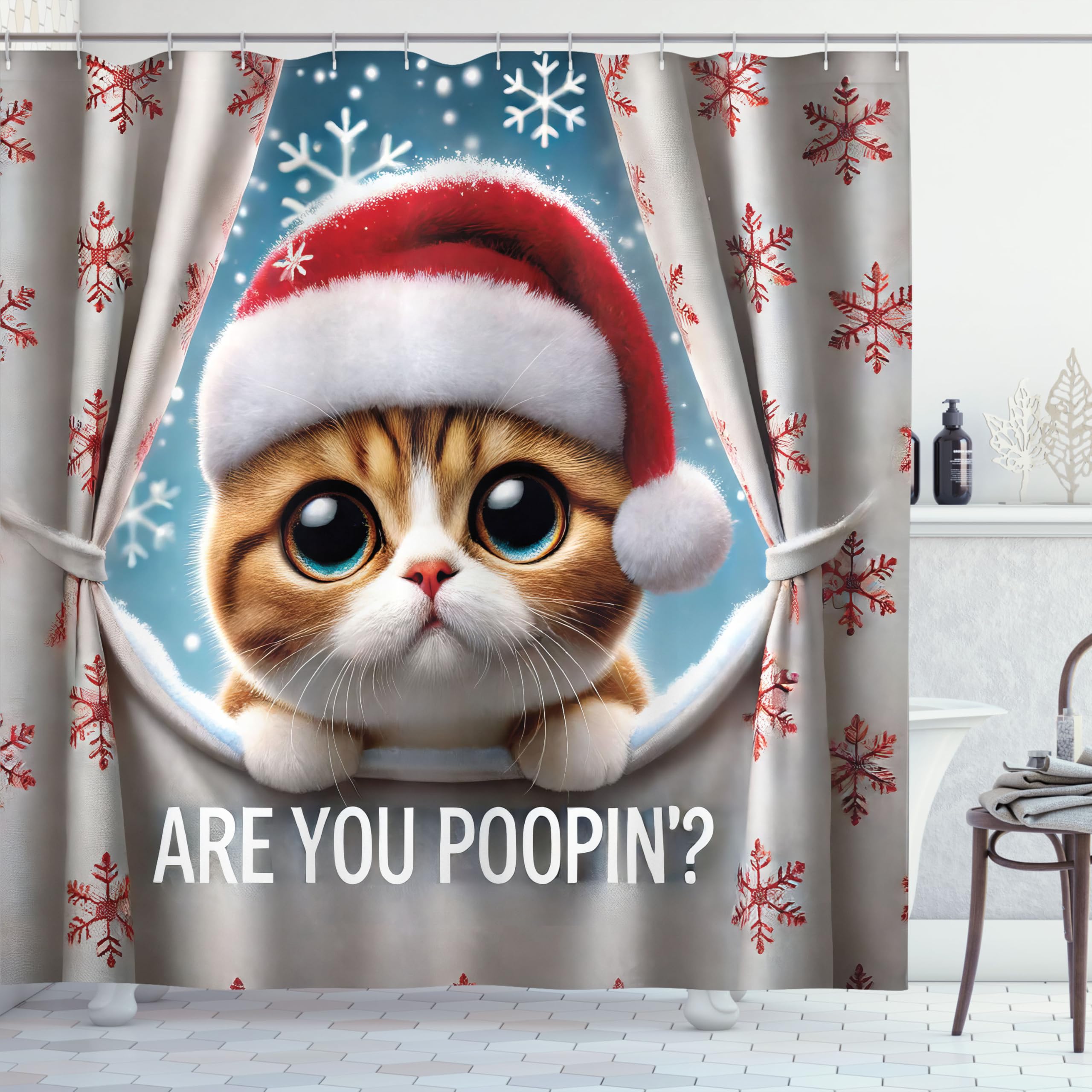 Ambesonne Christmas Shower Curtain, Curious Kitten With Xmas Hat Asks Are You Poopin With Falling Snowflakes, Cloth Fabric Bathr