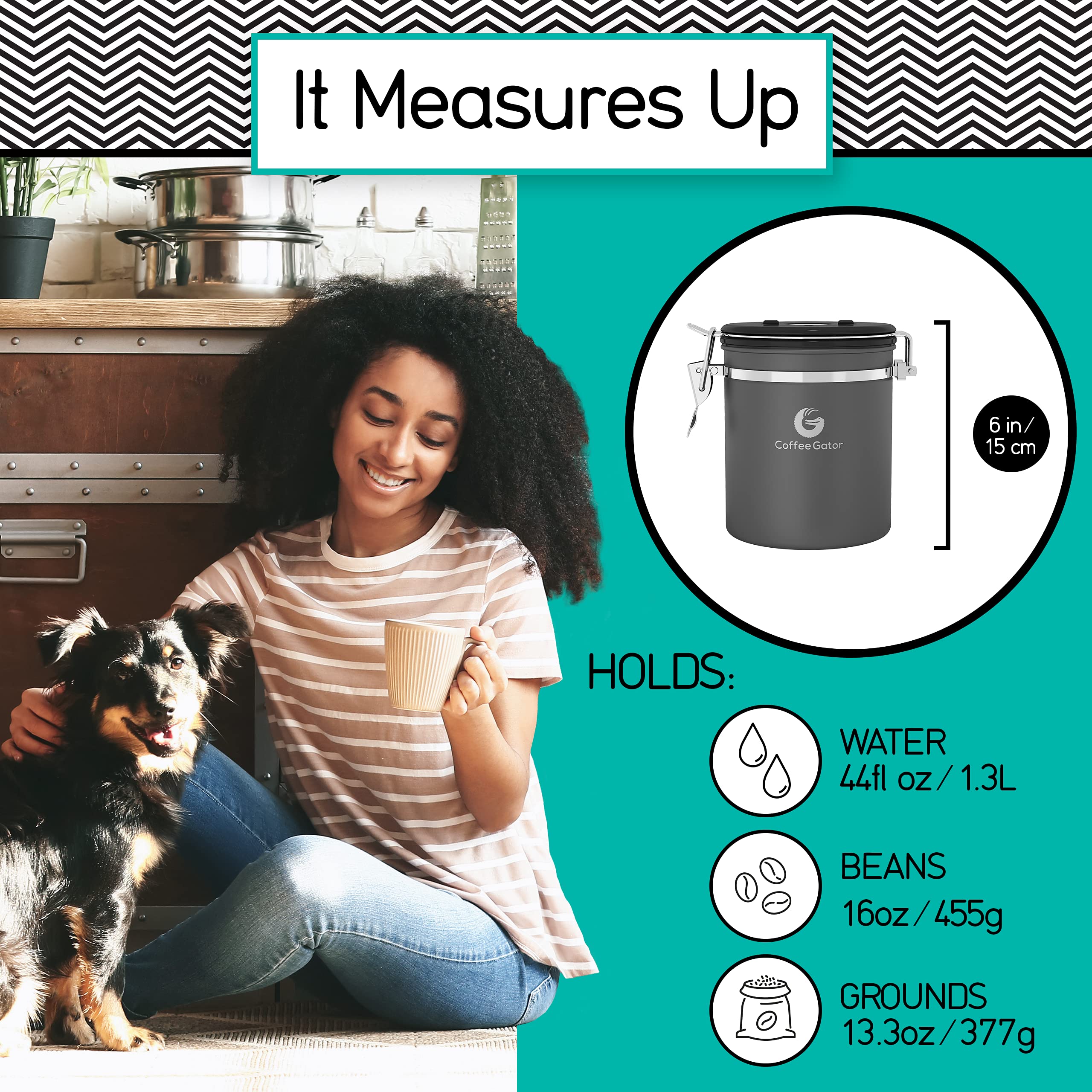 Coffee Gator Coffee Canister, Stainless Steel Airtight Coffee Containers For Grounds And Beans Storage With Date-Tracker, Co2 Va