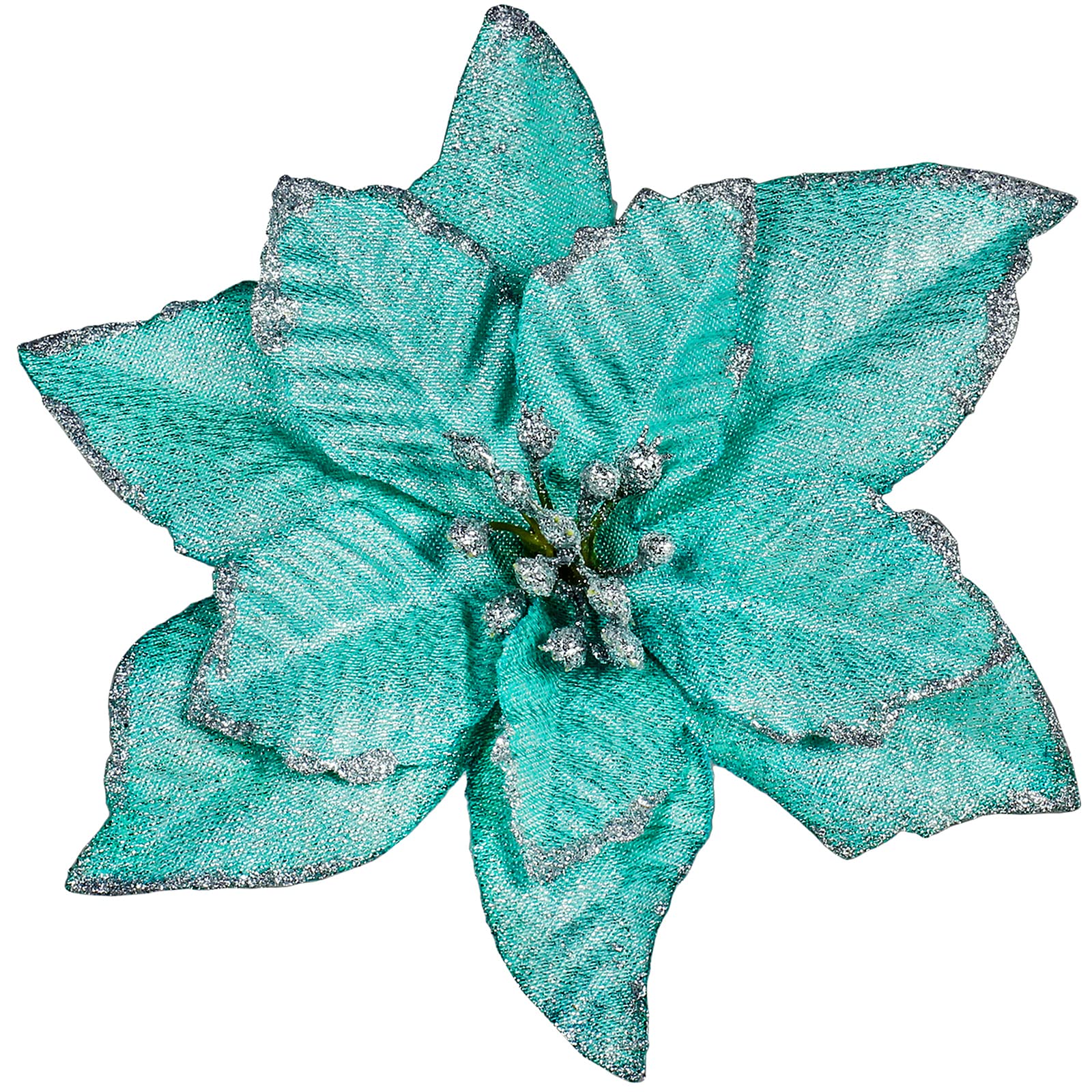 Winlyn 24 Pcs Teal Glitter Artificial Christmas Poinsettia Flowers Picks Christmas Tree Ornaments for Teal Blue Christmas Tree W