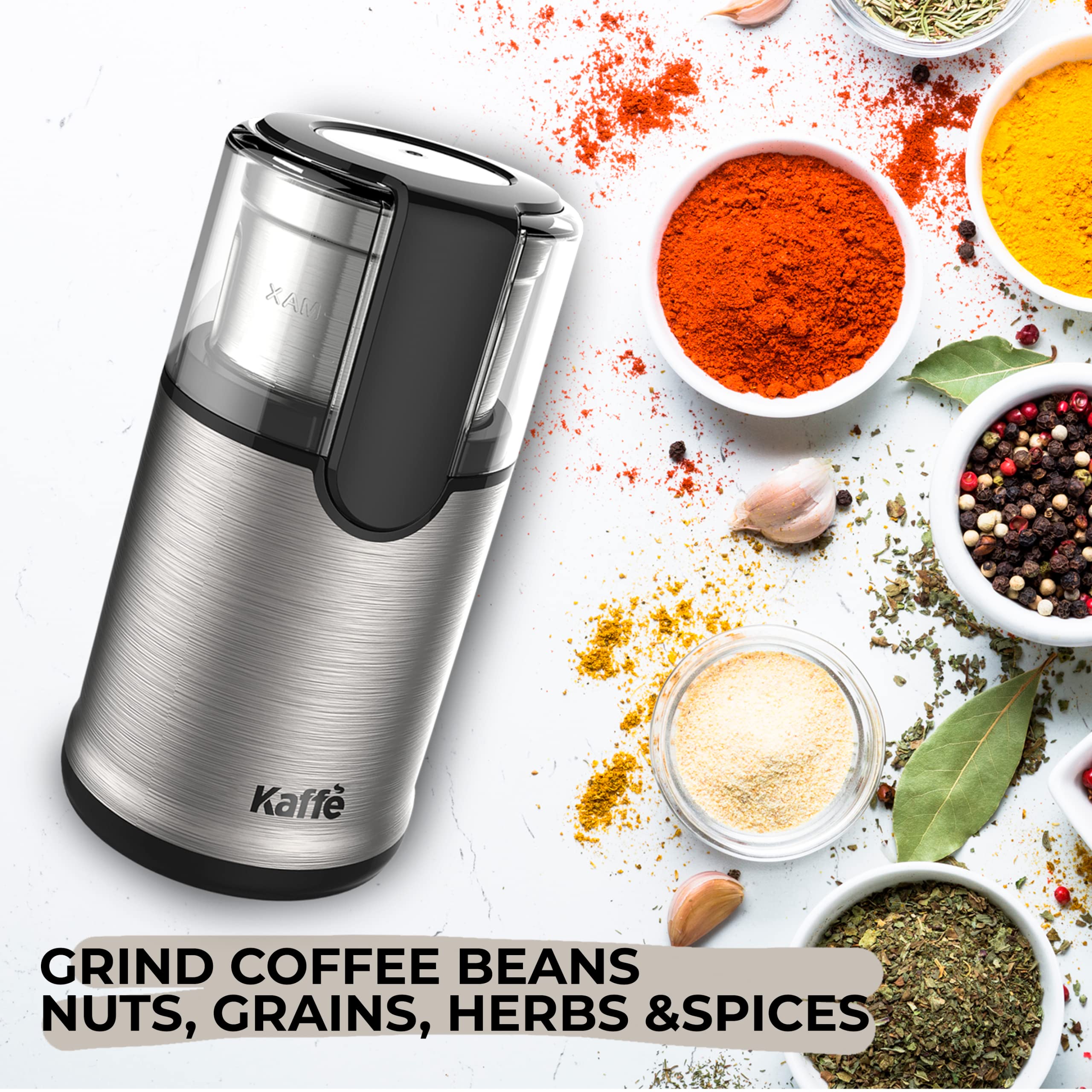 Kaffe Electric Blade Coffee Grinder w/Removable Cup. 4.5oz 14-Cup Capacity. Cleaning Brush Included. Perfect Grinder for Coffee  Tea  Spices  Corn  Herbs. (Stainless Steel)