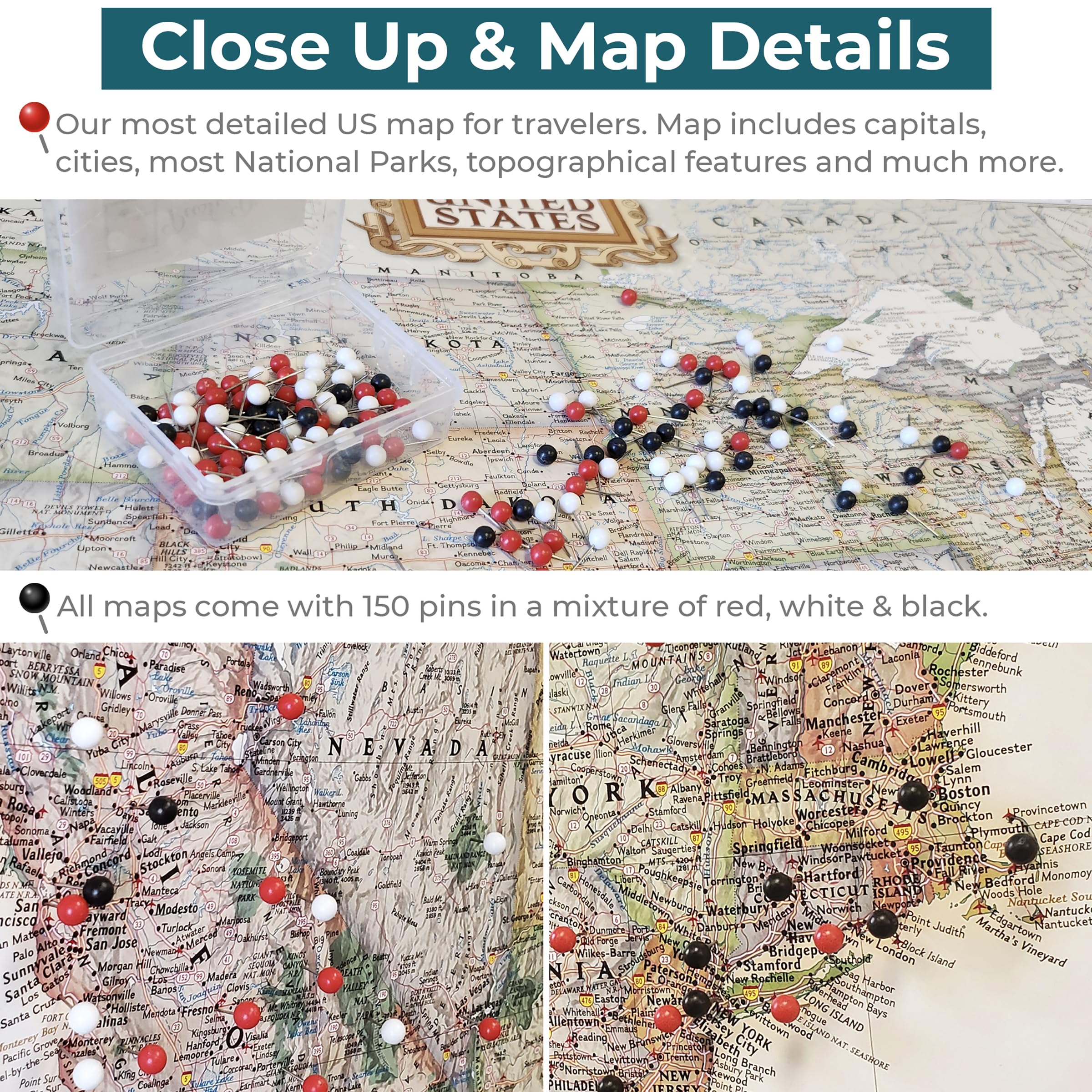 Push Pin Travel Maps - Executive Us - Rustic Black Framed Pin Map For Tracking Your Travels - 27.5'' X 39.5'' - 8 Handcrafted Fr