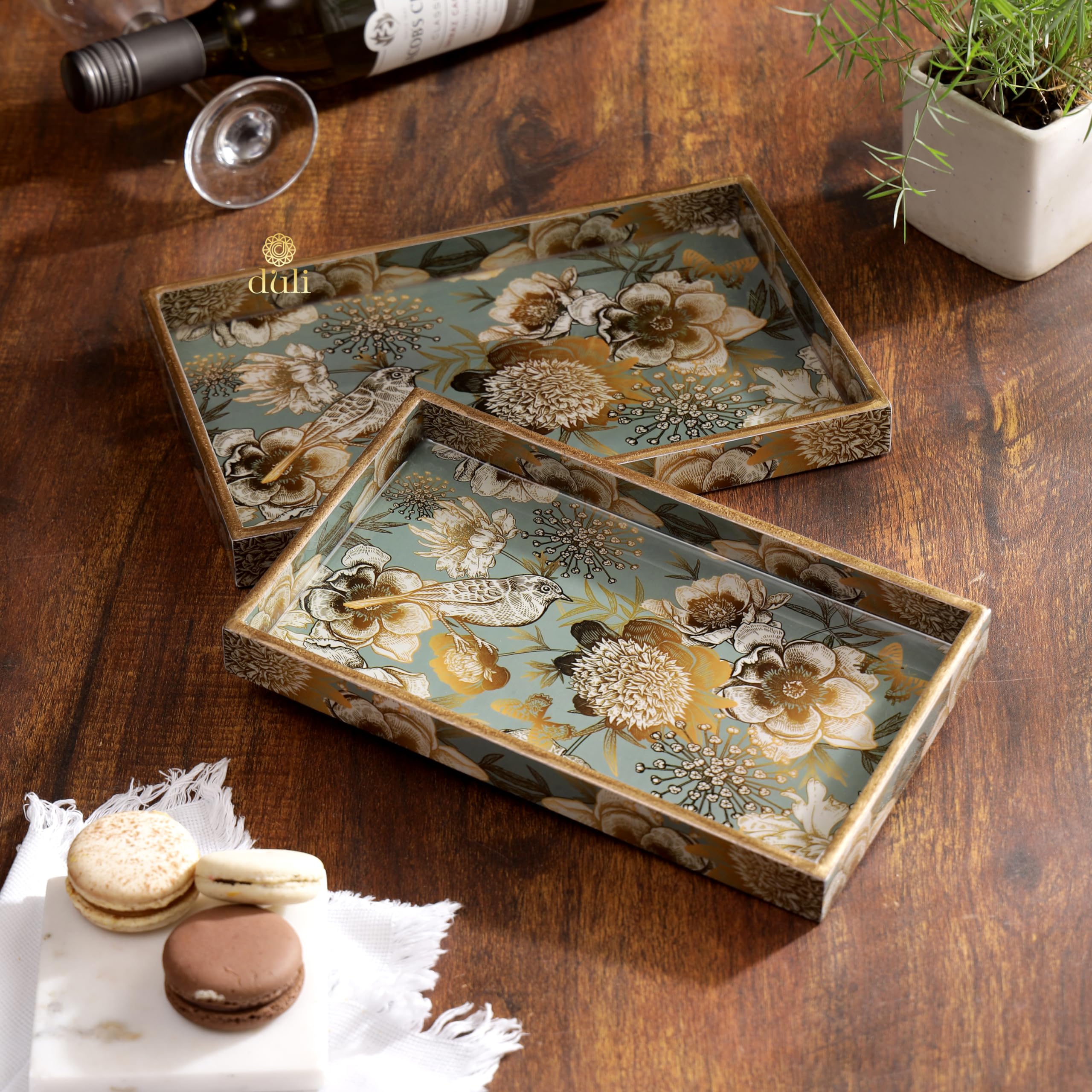Duli Set Of 2 Mdf Wood Square Trays Enamel Coated|Rectangle Trays Set Of 2|Serving Trays|Wooden Tray|Kitchen&Dining Decorative|R