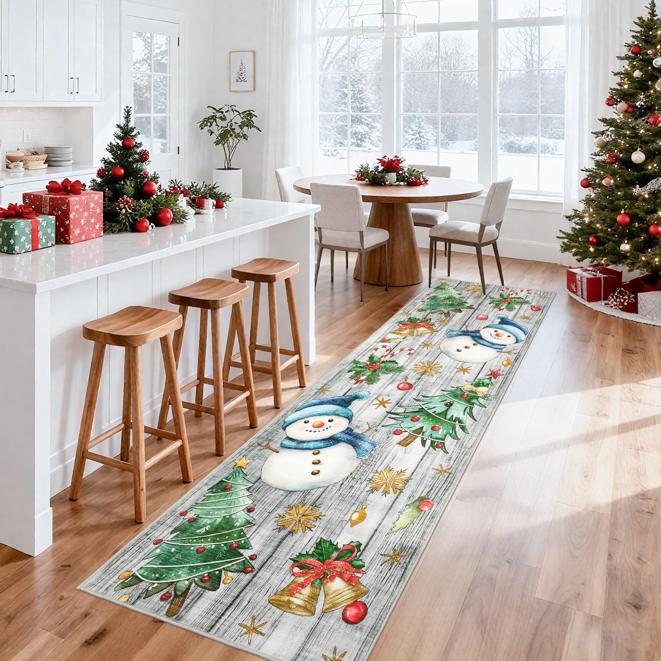 GarveeHome Christmas Runner Rug 2x8 Washable Kitchen Runner Non Slip Bath Rugs Low Pile Entryway Rug Xmas Tree & Snowman Foldabl