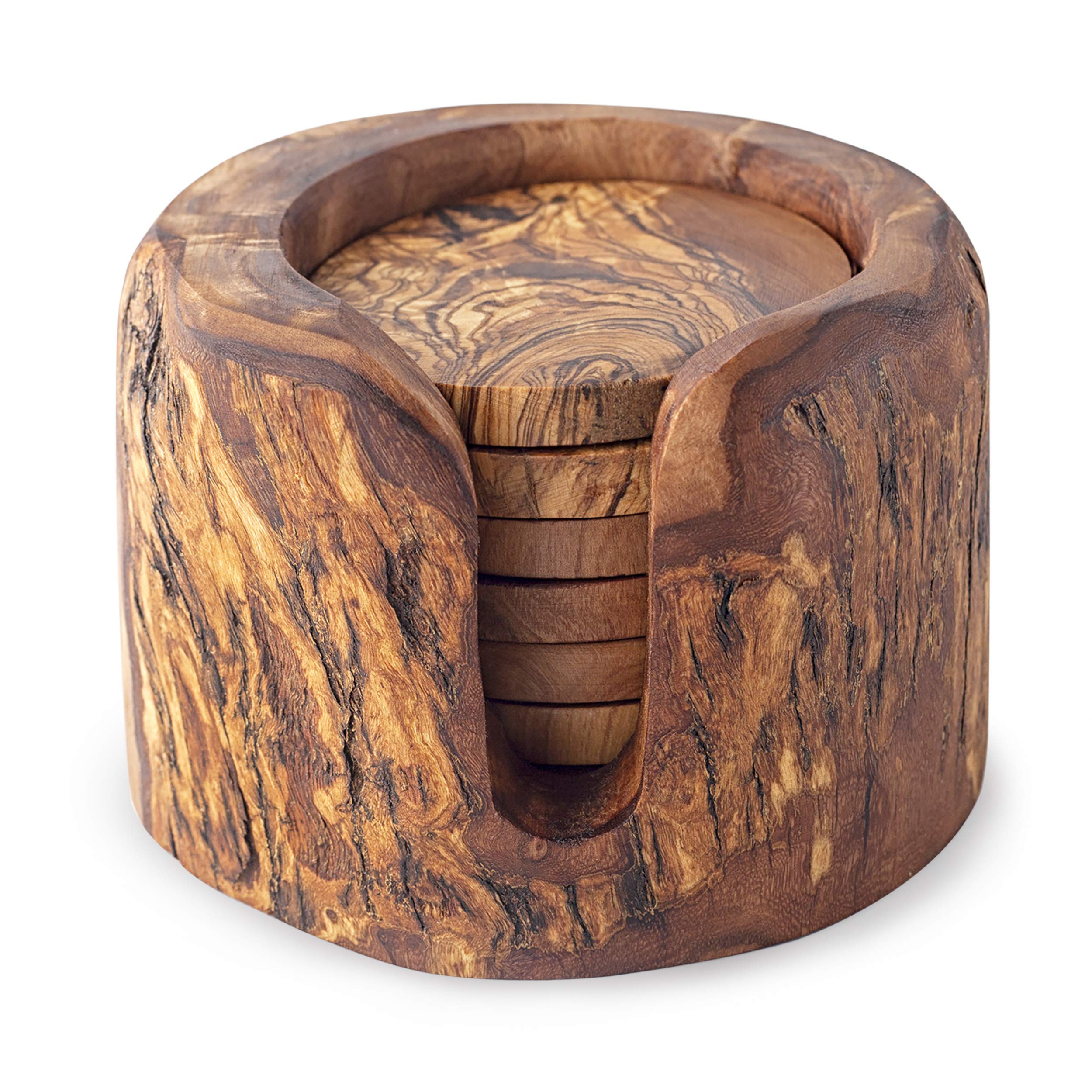 Forest Decor Olive Wood Coasters - Set Of 6 - Farmhouse Coaster With Holder For Home & Wedding Decoration - Handmade Cabin Decor