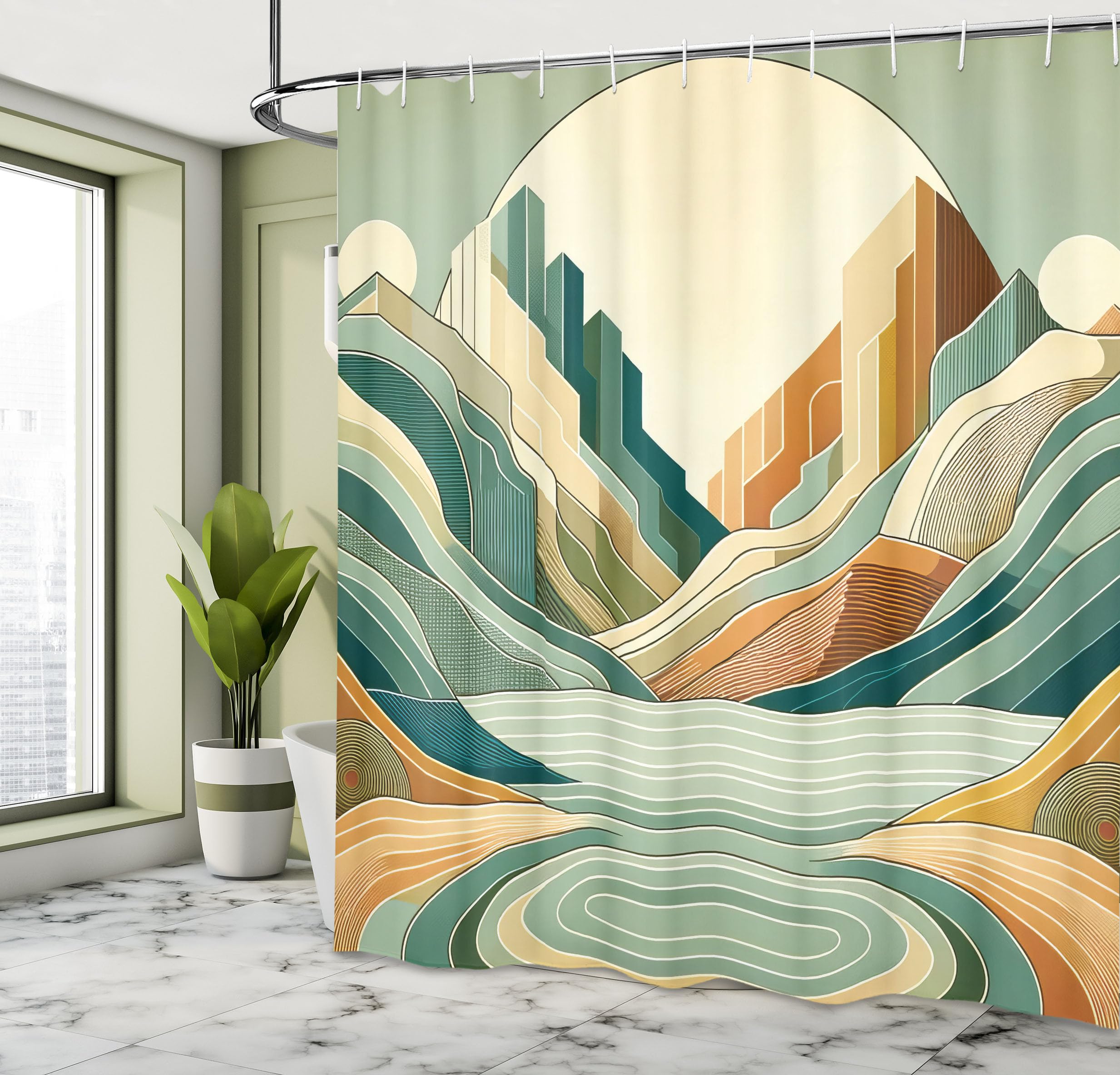 Ambesonne Lake Shower Curtain, Pastel Colored Landscape Of Rising Mountains And Hills In Circular Motifs, Cloth Fabric Bathroom