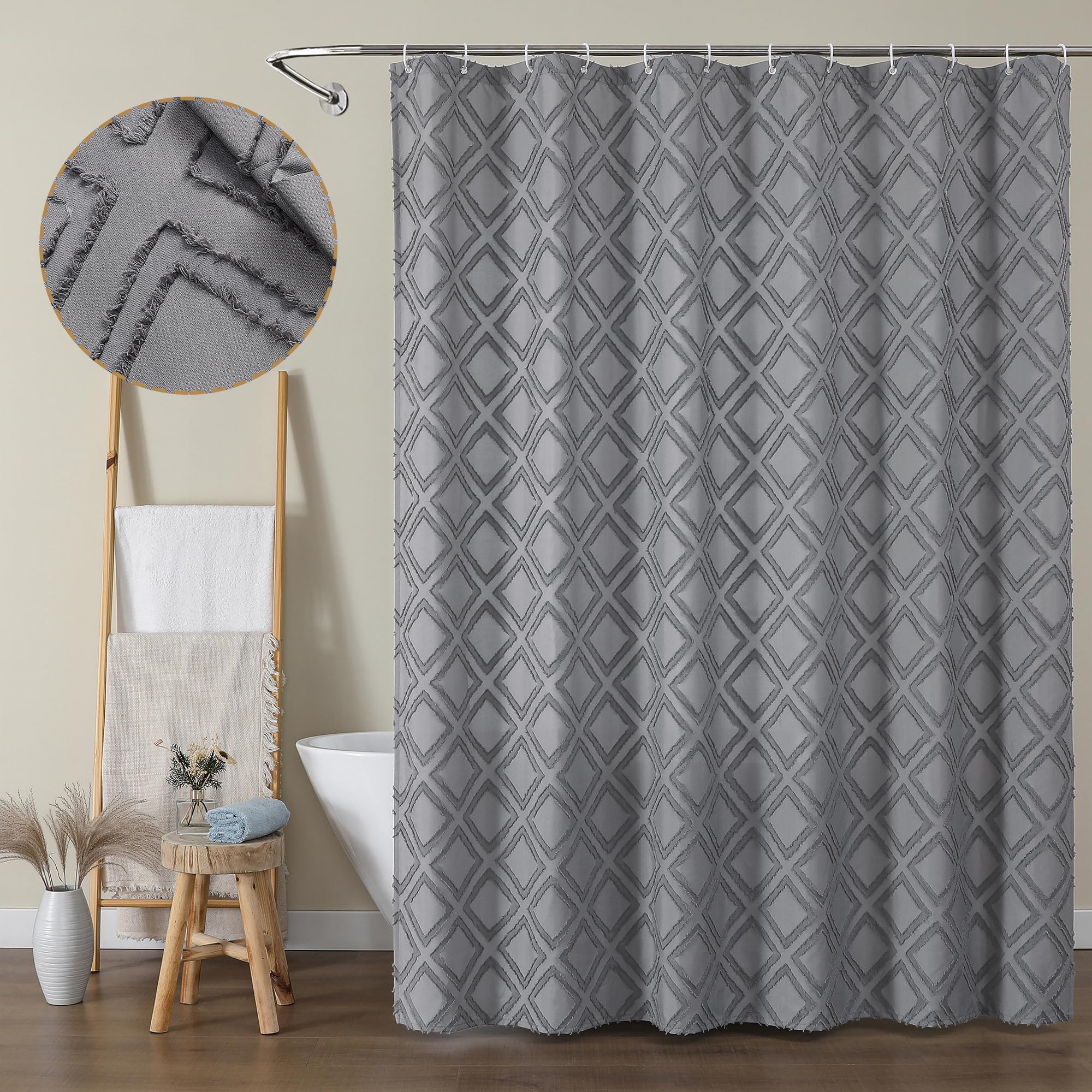 Owenie Grey Shower Curtain Set, Jacquard Geometric Textured Fabric Boho Shower Curtains For Bathroom, Soft Hotel Style Farmhouse