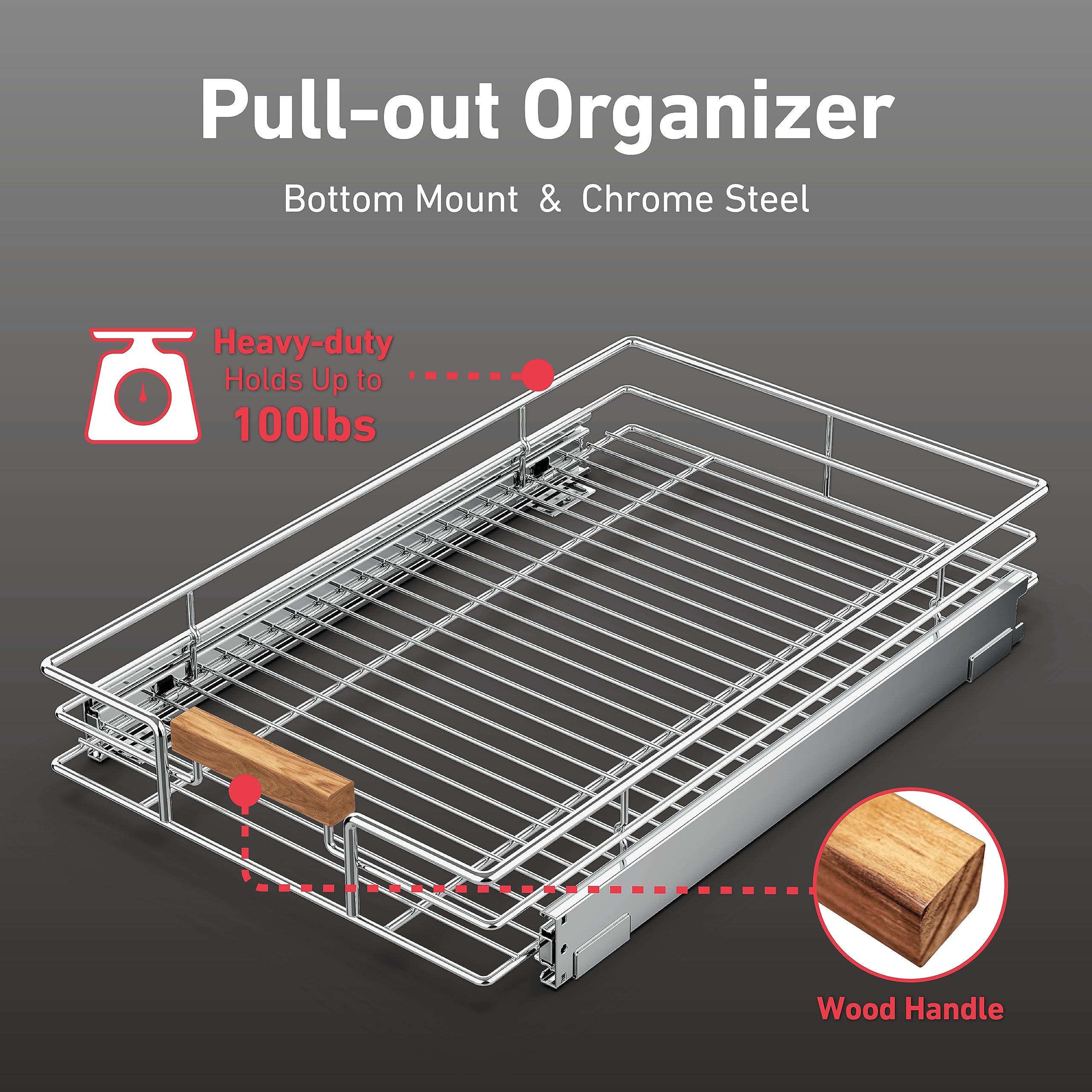 Mount Walker Pull Out Cabinet Organizer(14'' W X 21'' D), Heavy Duty Slide Out Pantry Shelves, Pull Out Storage Shelf Drawer Bas