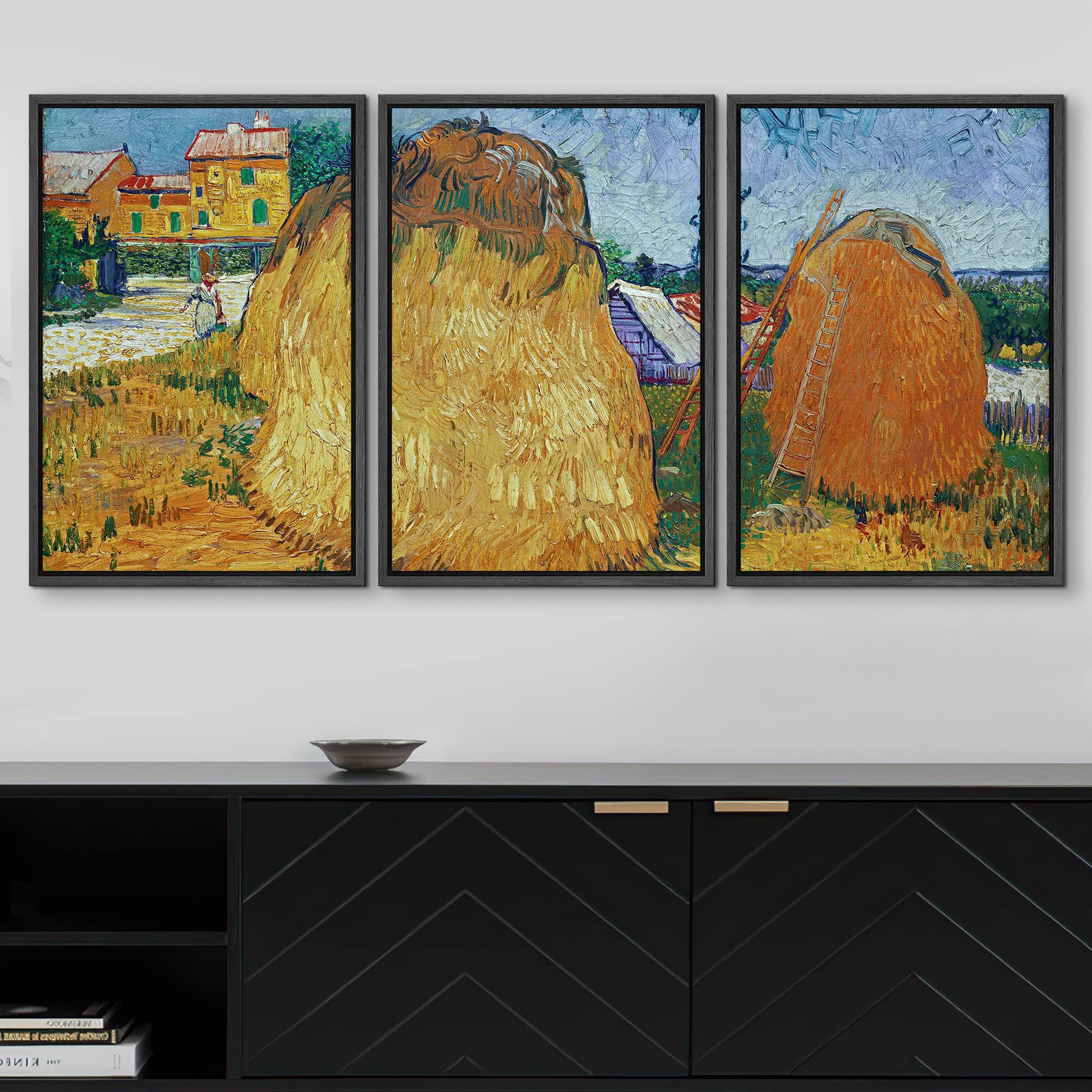 Wall26 Framed Canvas Print Wall Art Set Haystacks In Provence, France Vincent Van Gogh Classical Illustrations Fine Art Decorati
