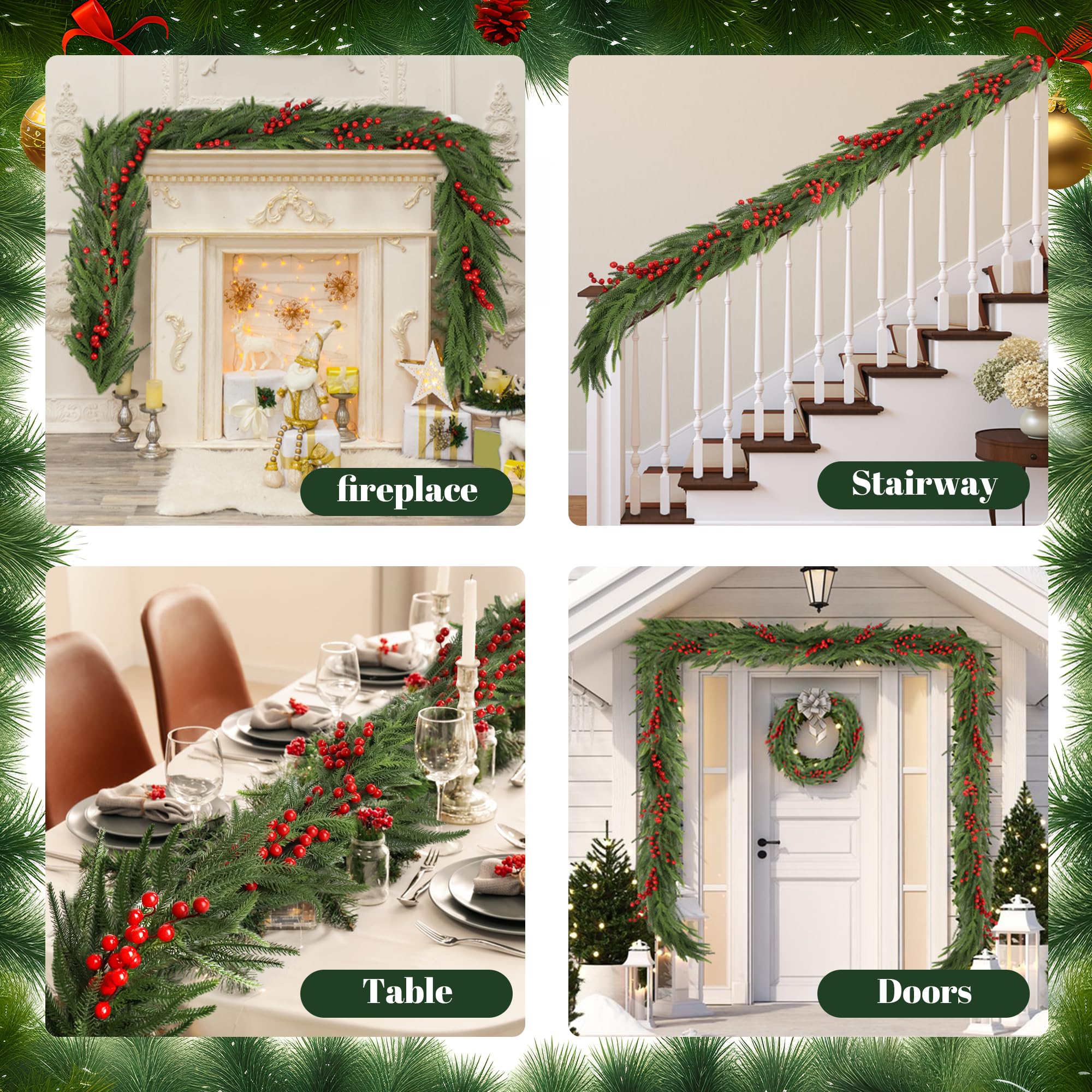 Christmas Norfolk Pine Garland 2PCS 9FT,Real Touch Faux Winter Greenery Garland with Light for Stairs Table Fireplace Backdrop W