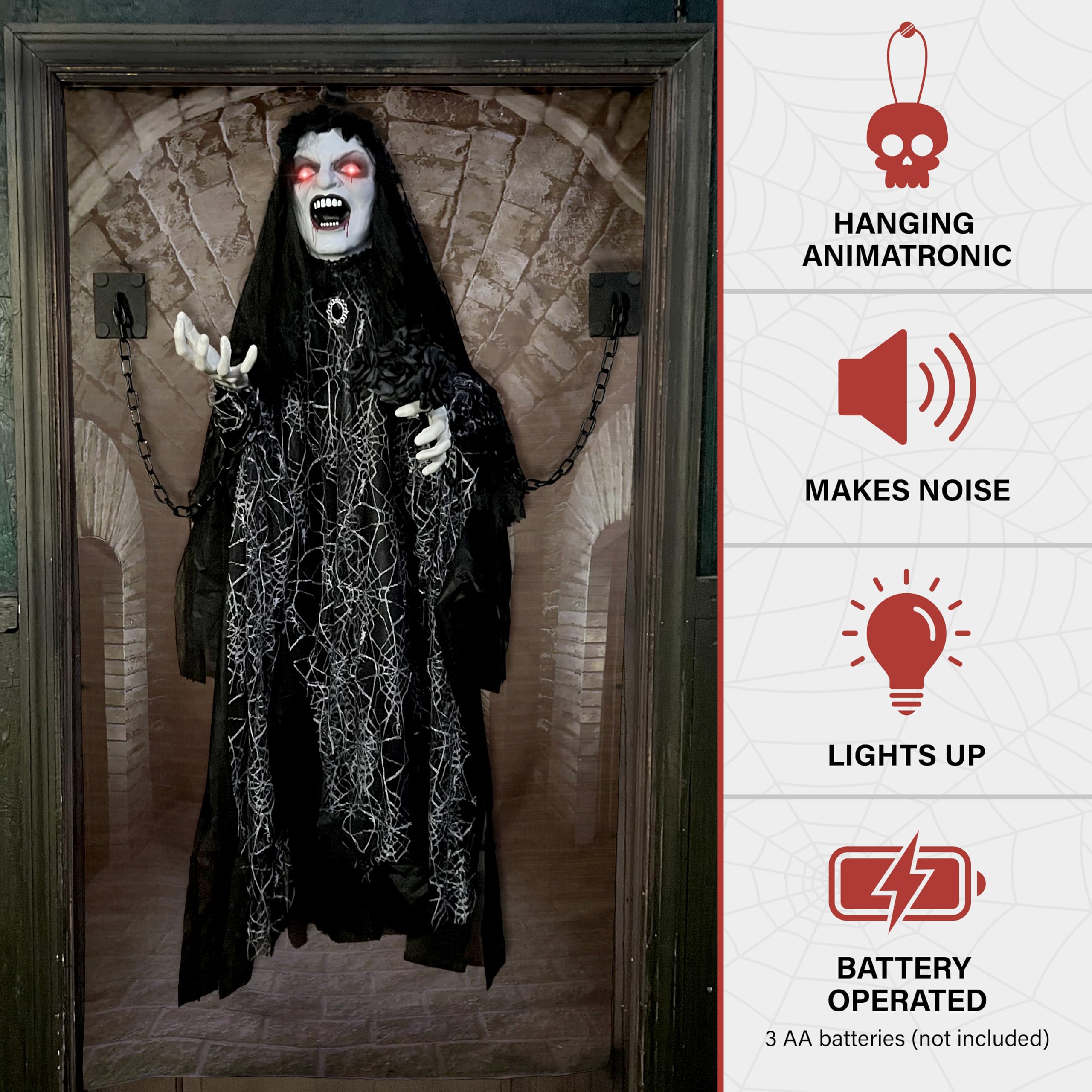 Haunted Hill Farm 4.3-Ft Animatronic Scary Demon Widow Door Greeter with Touch Activated Lights and Sound, Battery-Operated Indo