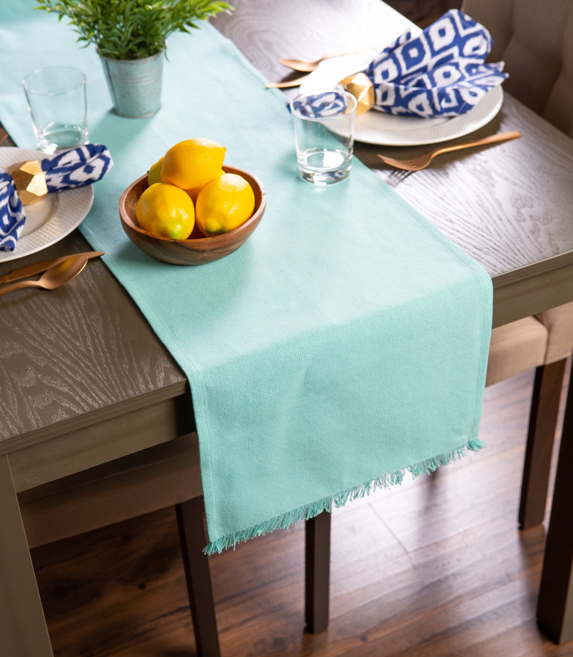 DII Everyday Collection  Fringed Solid Tabletop  Table Runner  14x72  Aqua